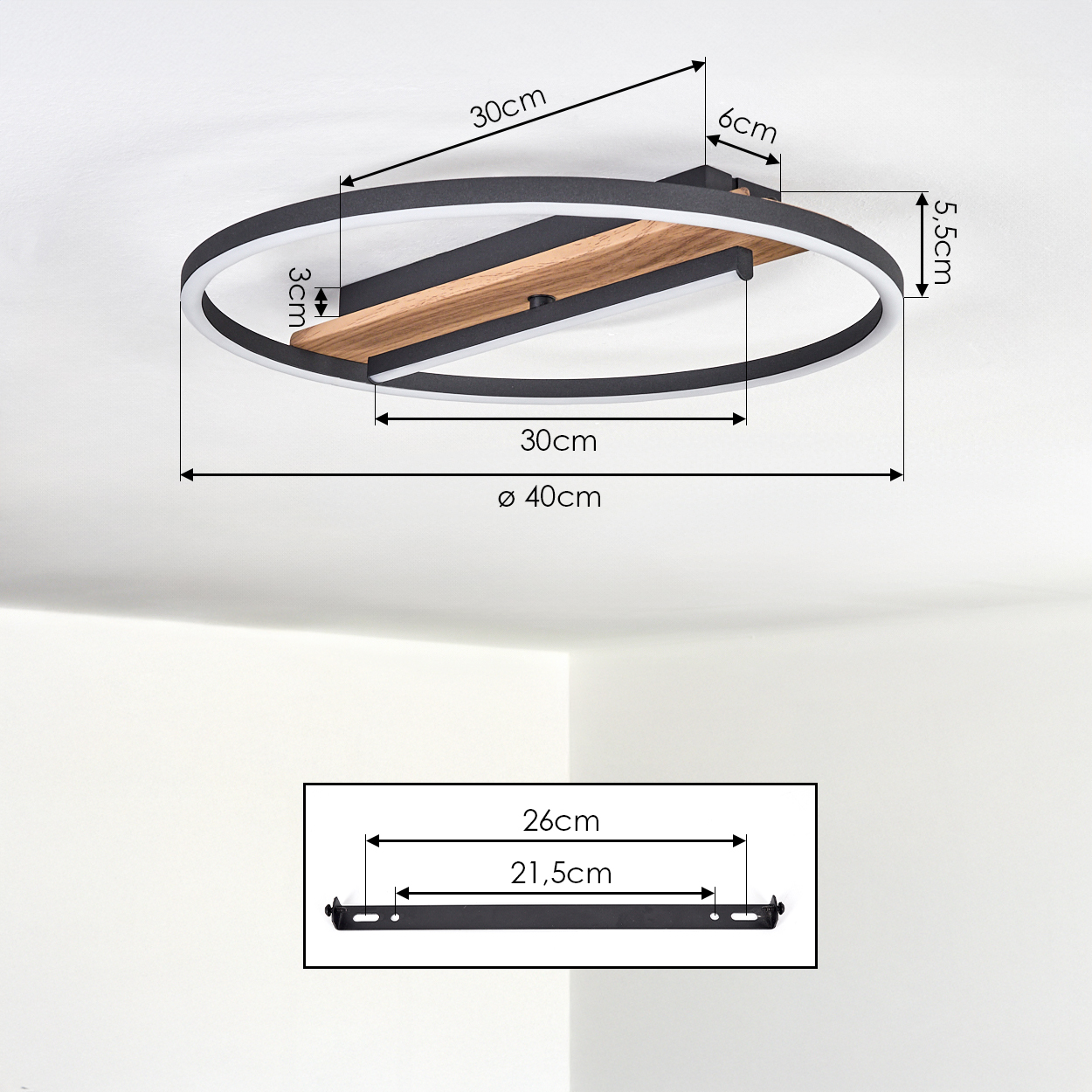 Deckenleuchte mit Holzdetail und Maßen: 40cm Ø, 5,5cm Höhe.