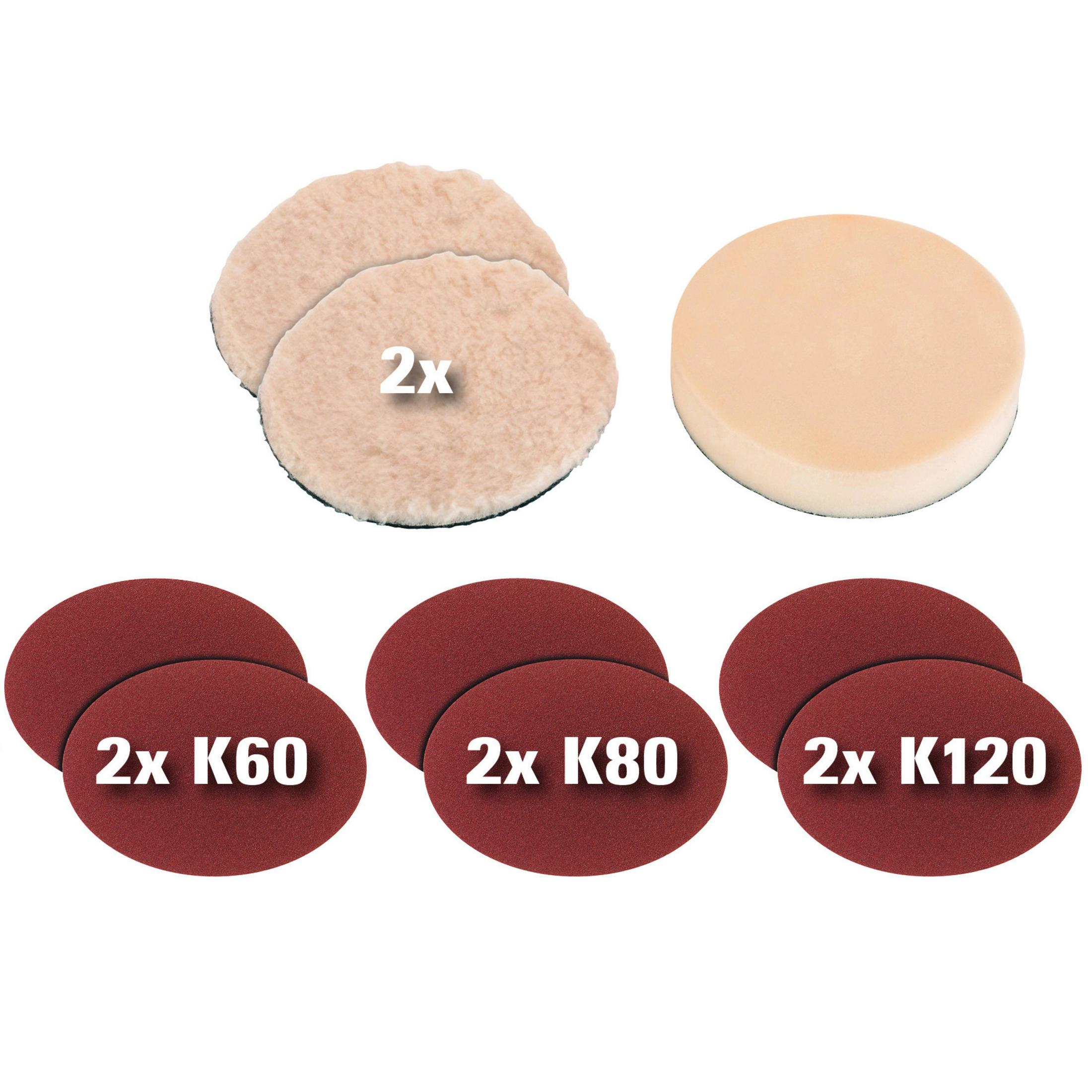 Zwei flauschige Polierpads, ein beiger Schaumstoffpad und drei Schleifscheiben (K60, K80, K120).