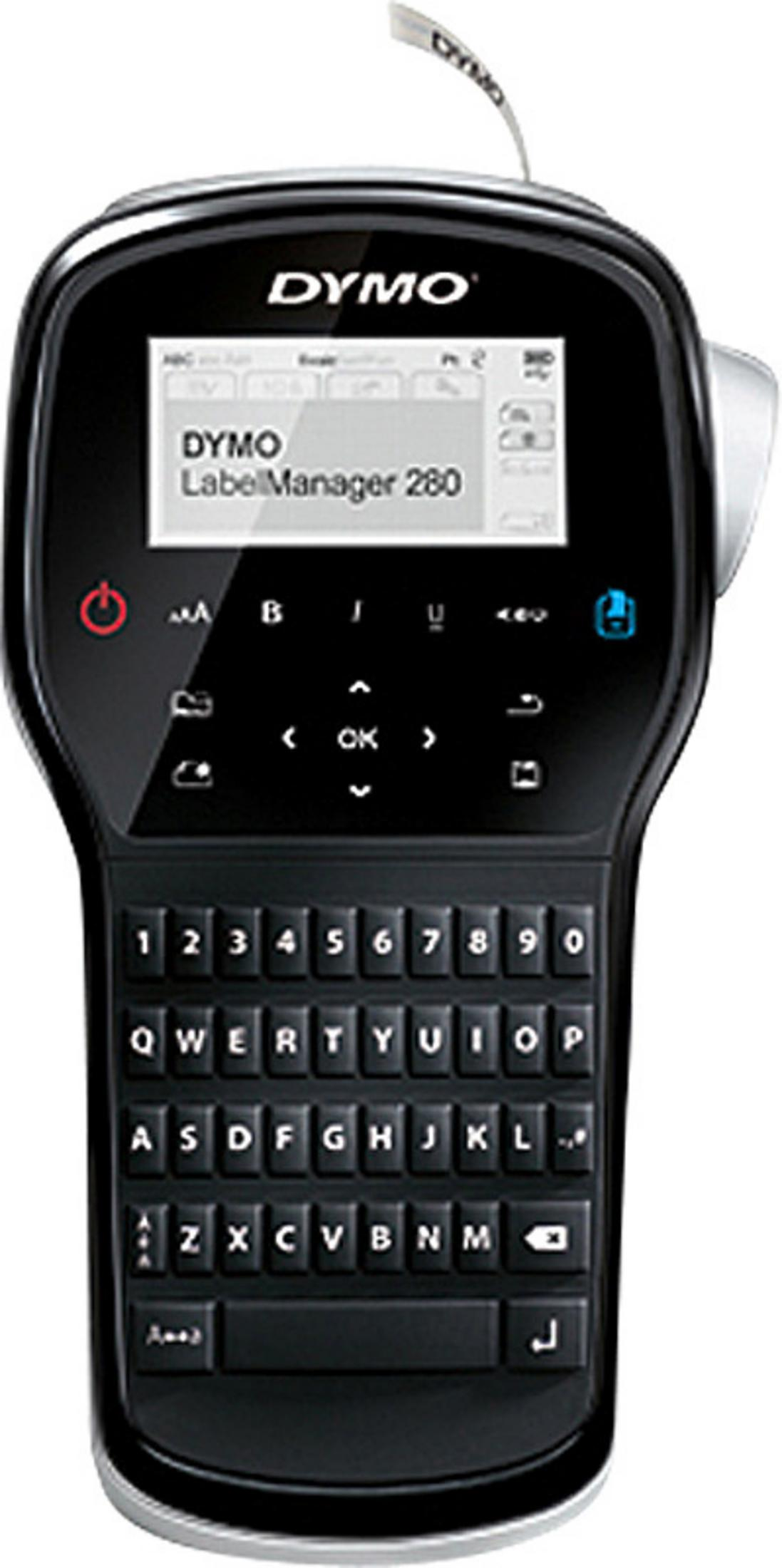 Una etichettatrice DYMO LabelManager 280 nera con tastiera e schermo.