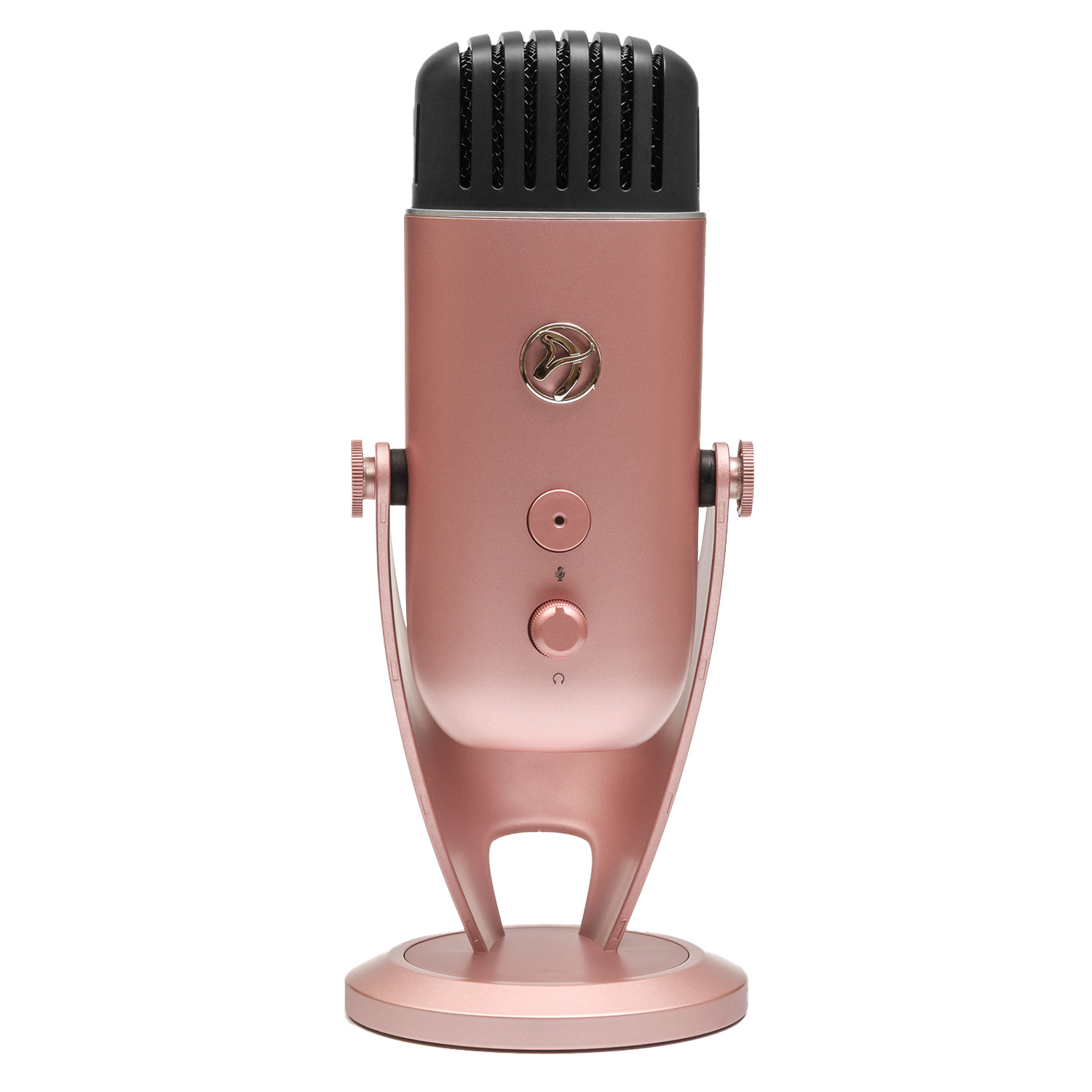 Un microfono color oro rosa con griglia nera e logo argentato.