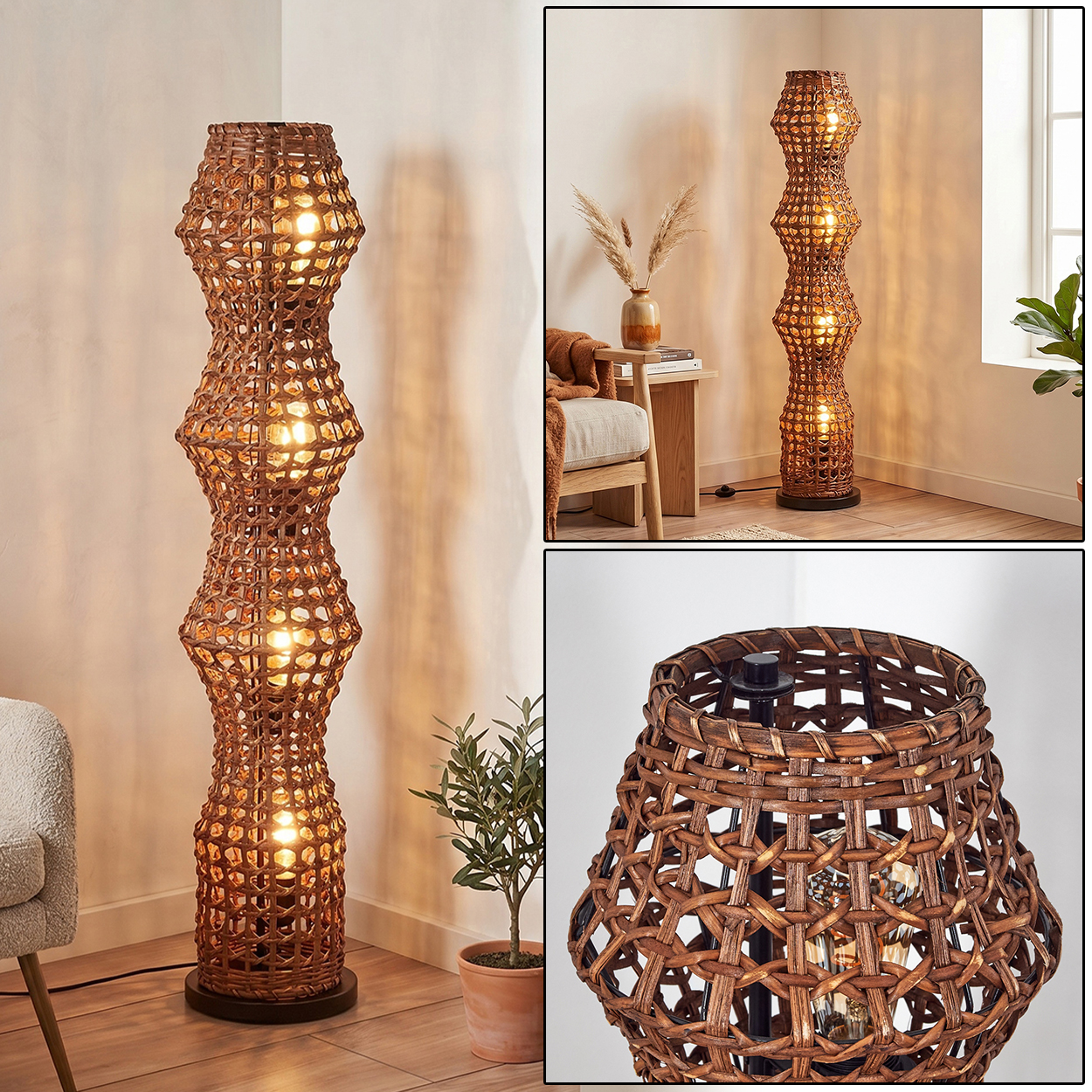 Eine hohe, geflochtene Stehlampe aus braunem Rattan mit drei beleuchteten Abschnitten.
