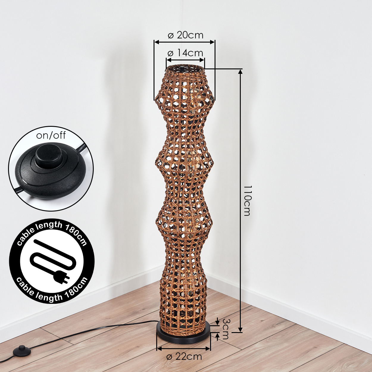 Braune Rattantischlampe, 110cm hoch, mit Fußschalter und 180cm Kabel.