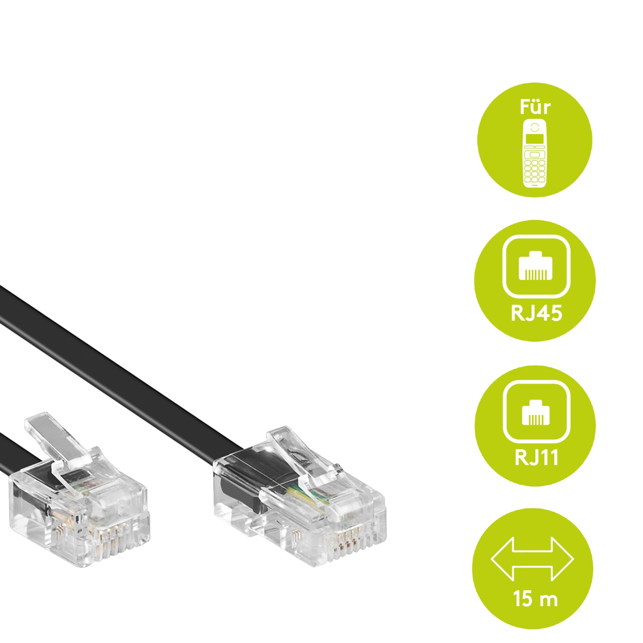 Cable negro con conectores RJ45 y RJ11, 15m de largo.