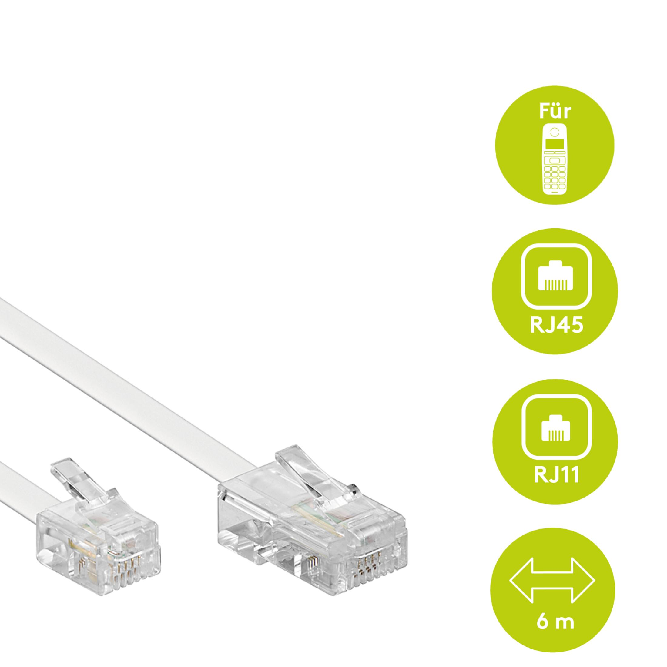 Un cable blanco con conectores RJ45 y RJ11, 6m de largo.