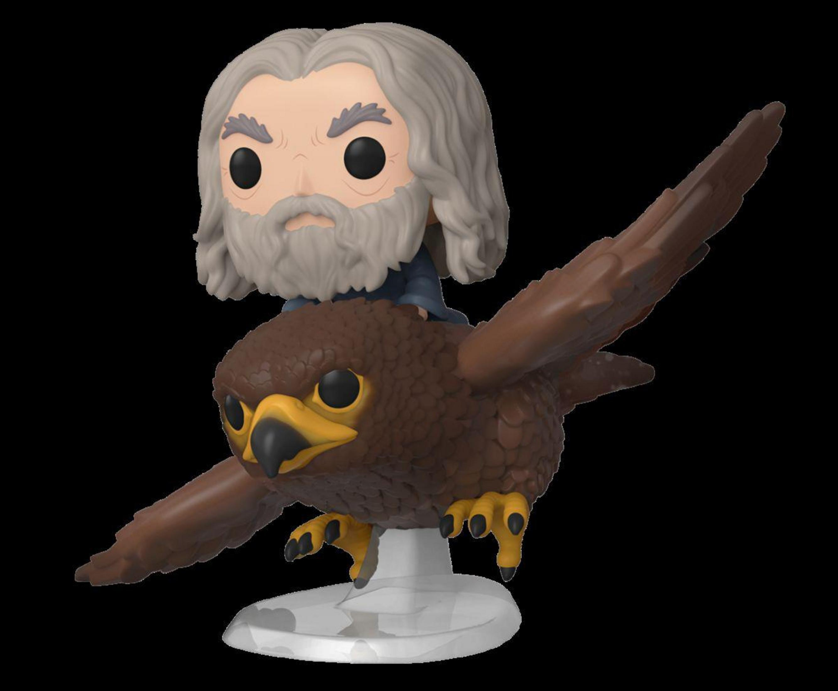 Ein Gandalf-Pop-Aufkleber sitzt auf einem braunen Falke mit ausgebreiteten Flügeln.