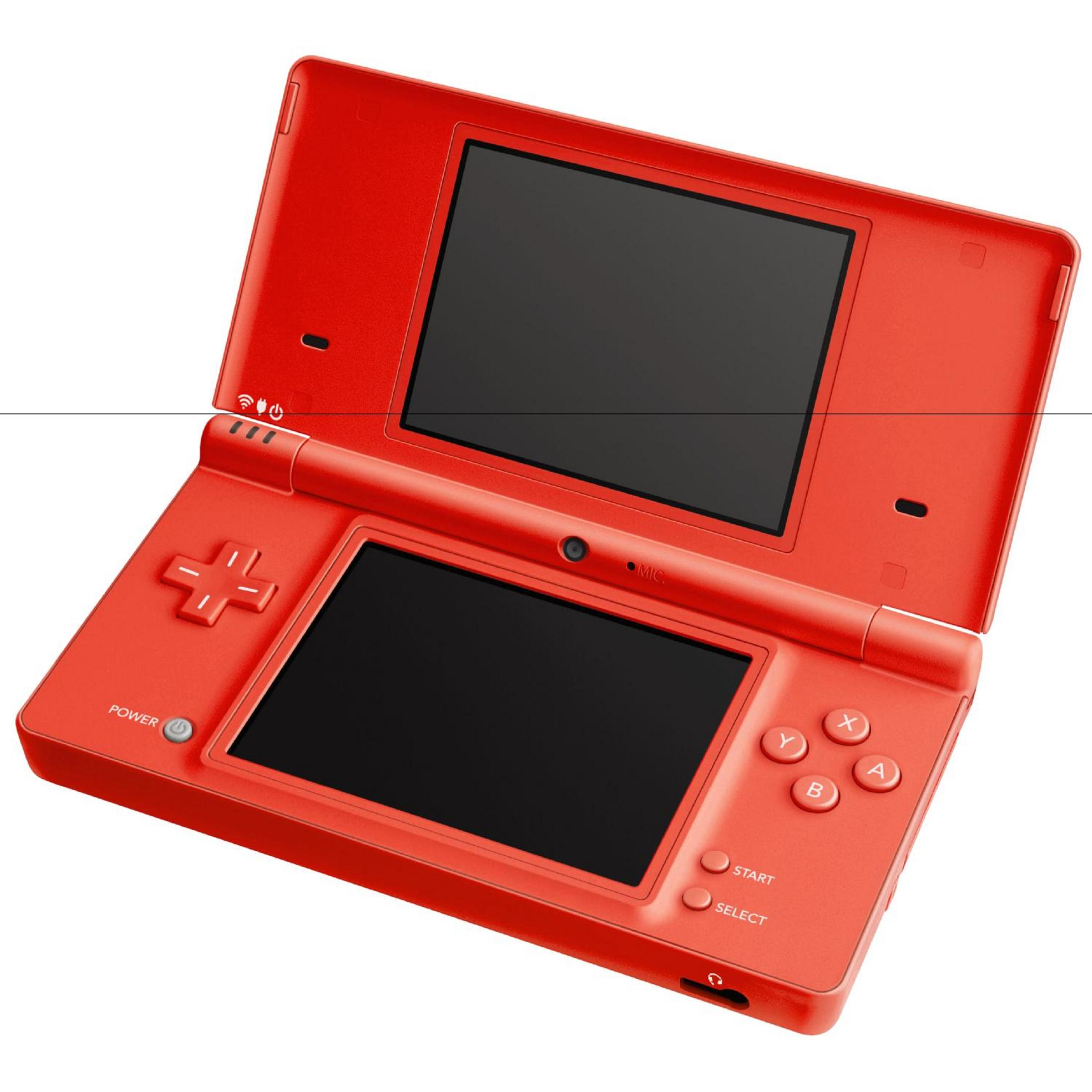 Ein rotes Nintendo DS Lite mit geöffneten Bildschirmen, die schwarze Bildschirme zeigen.