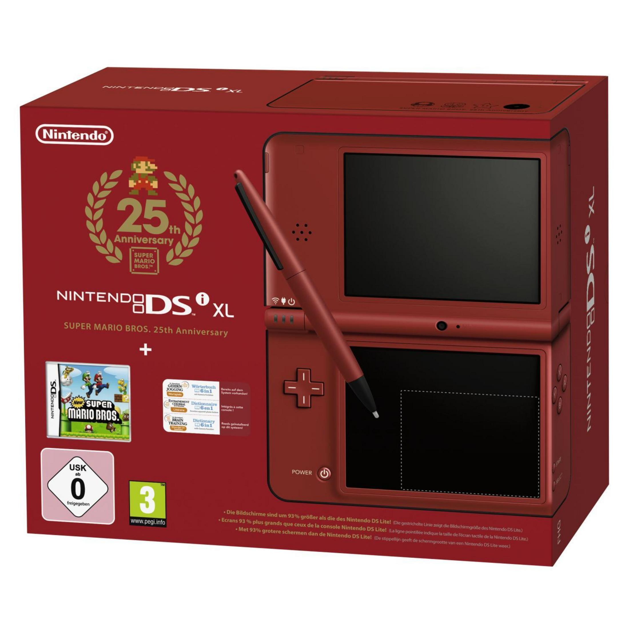 Edizione rossa Nintendo DS XL Super Mario Bros. 25° Anniversario con gioco e accessori.