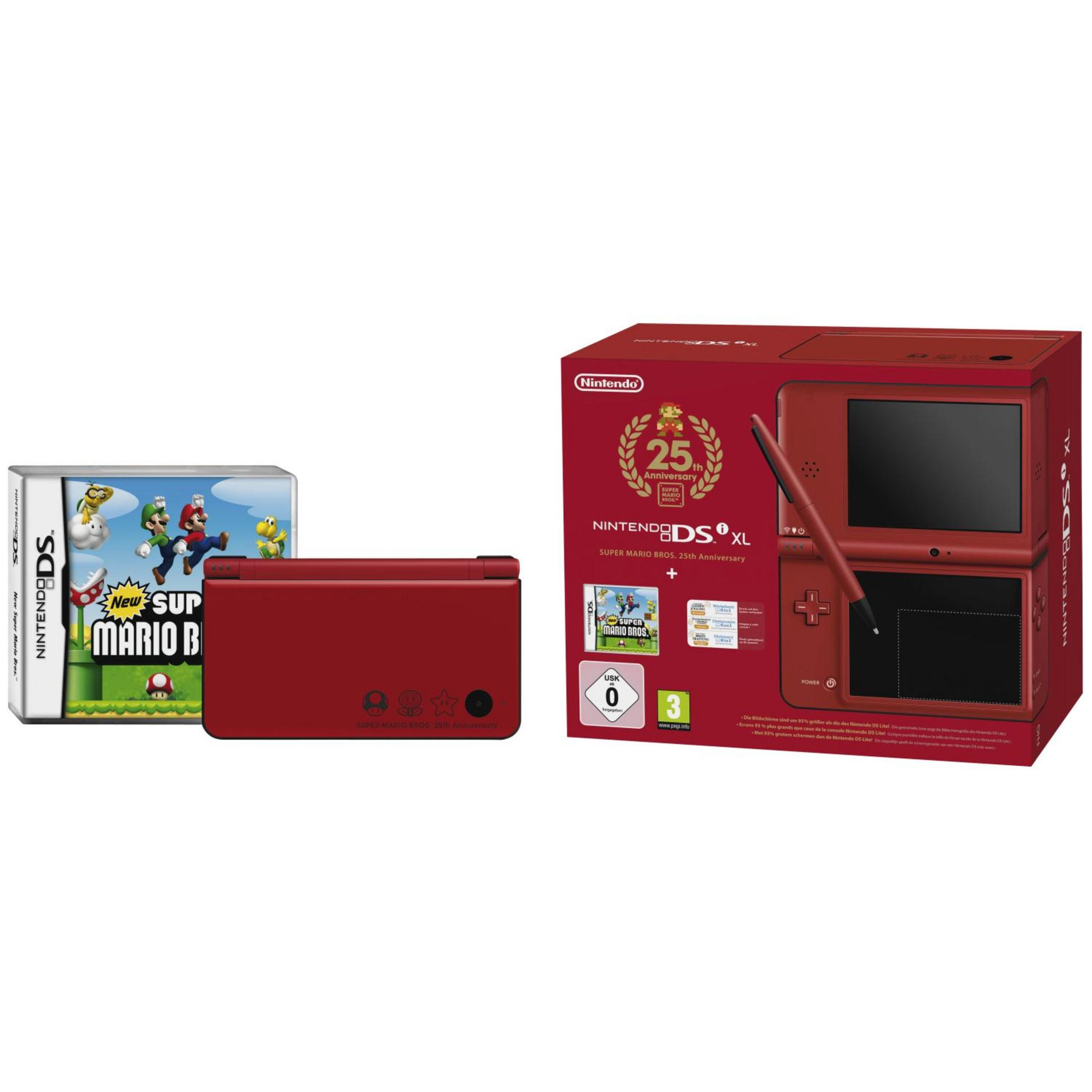 Console e custodia rossa Nintendo DS XL per Super Mario Bros. 25° anniversario.