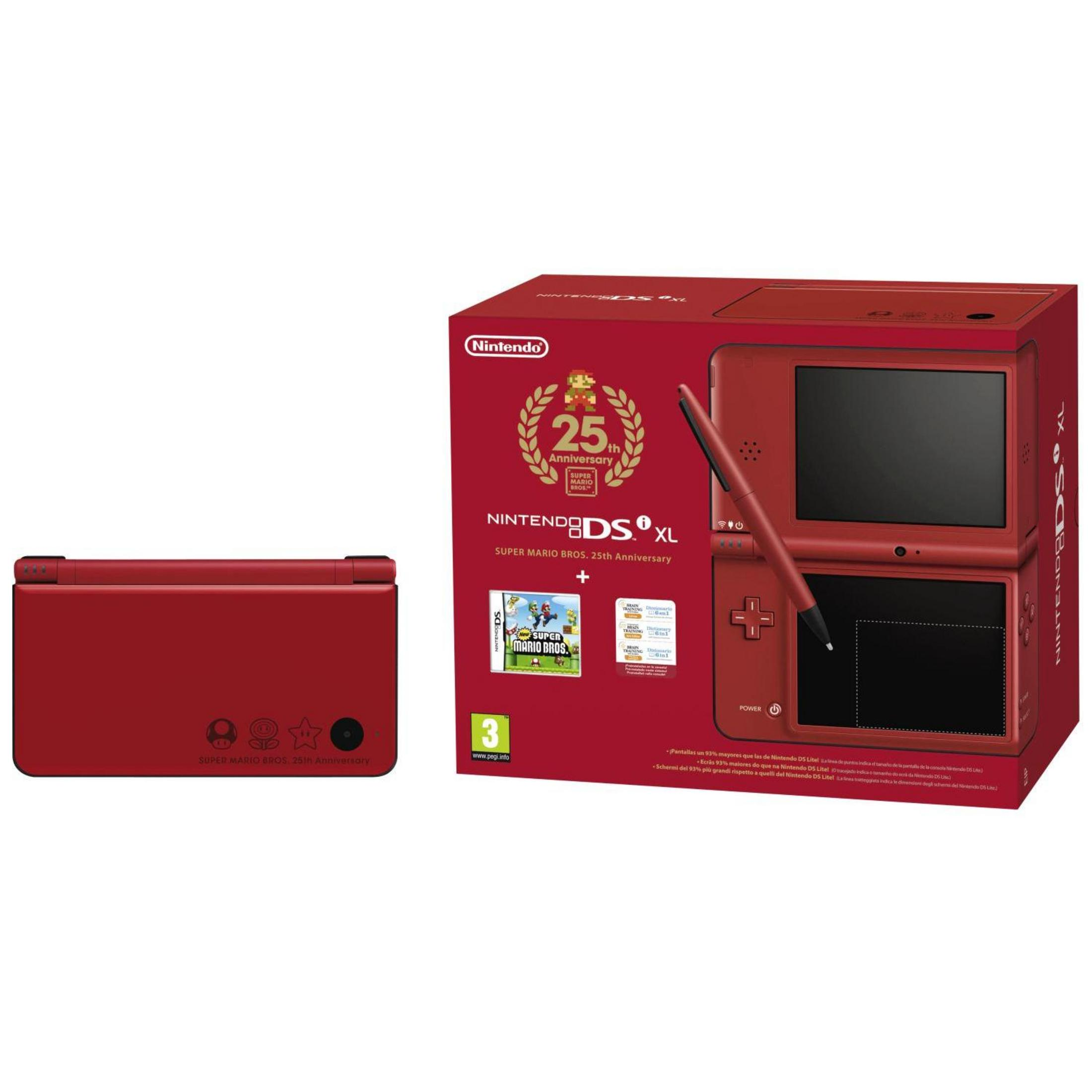 Console Nintendo DS XL rossa con confezione Super Mario Bros. 25th Anniversary.