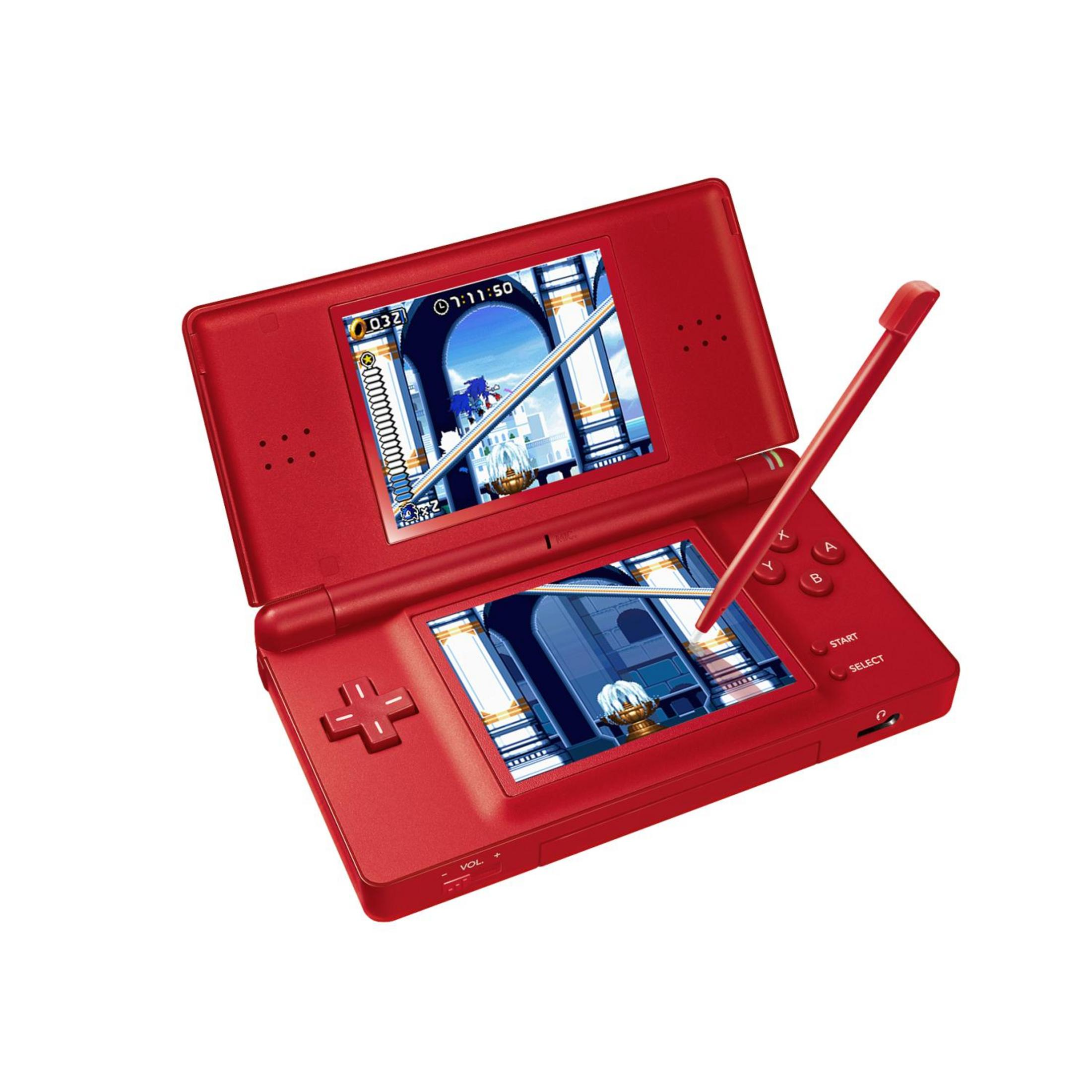 Ein rotes Nintendo DS mit einem Sonic-Spiel, das auf beiden Bildschirmen angezeigt wird.