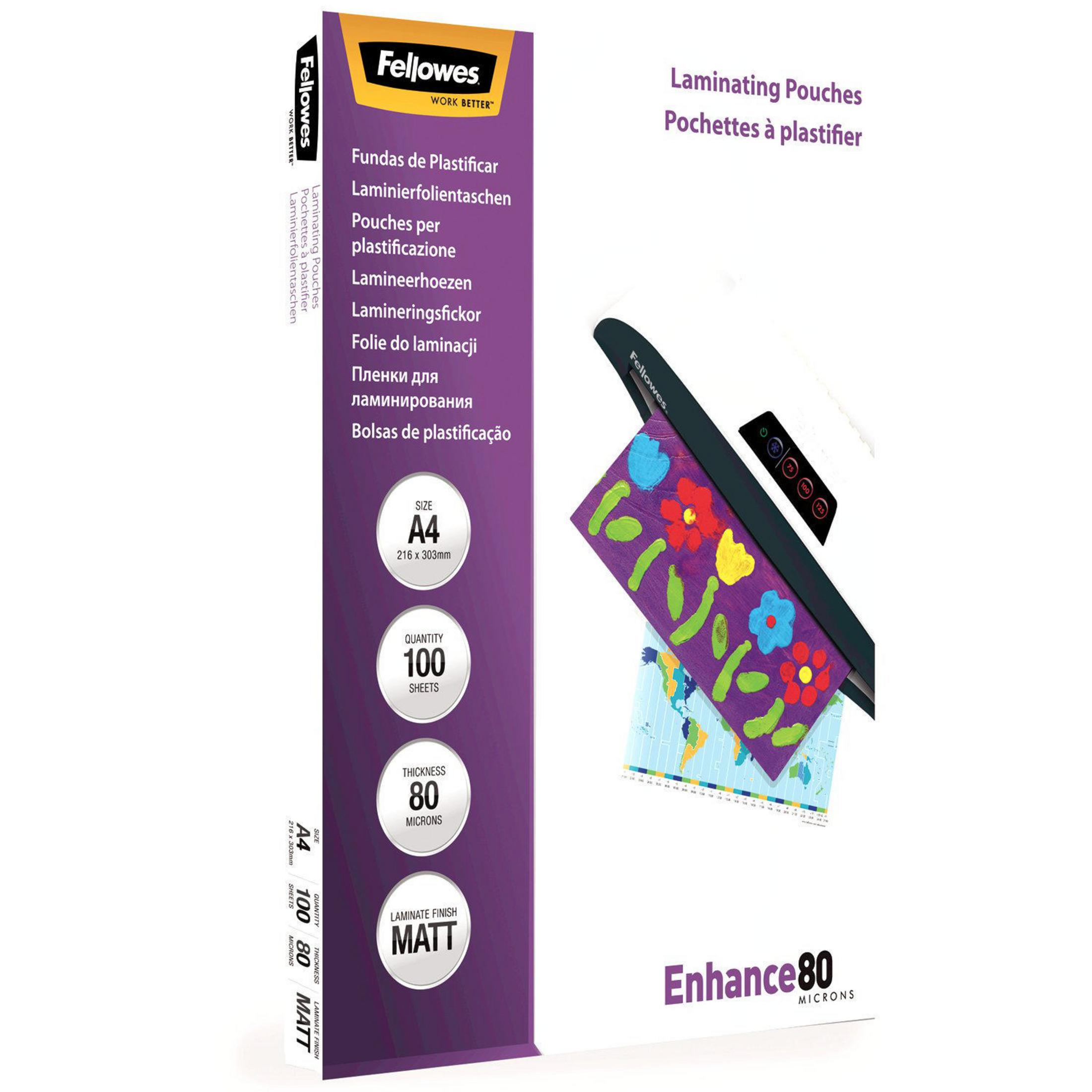 Plastifieuse Fellowes avec pochettes colorées. Format A4, 100 feuilles, 80 microns.