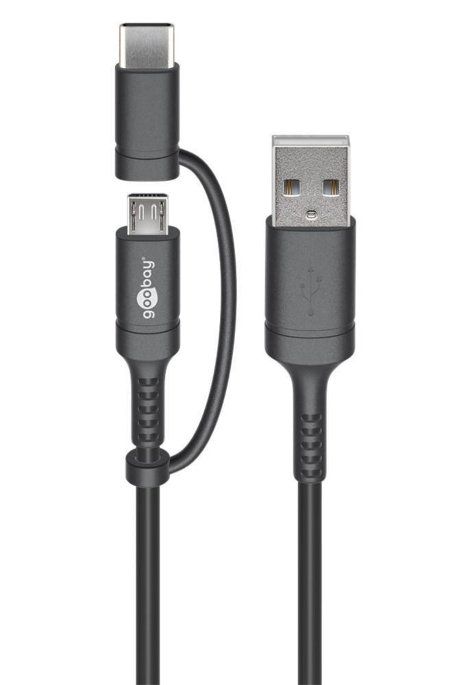 Un cavo USB-C a USB-A grigio con due connettori.