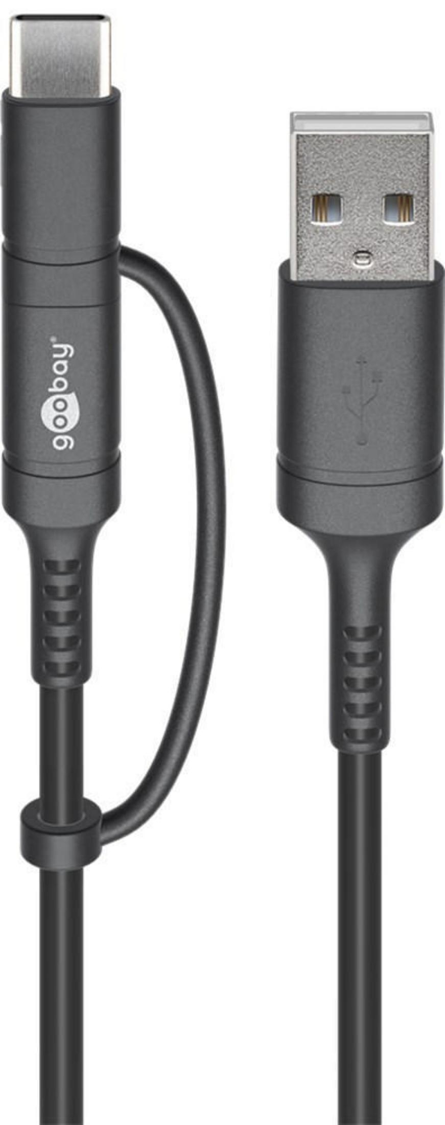 Cavo USB-C a USB-A grigio con logo 'goobay' e connettori rinforzati.