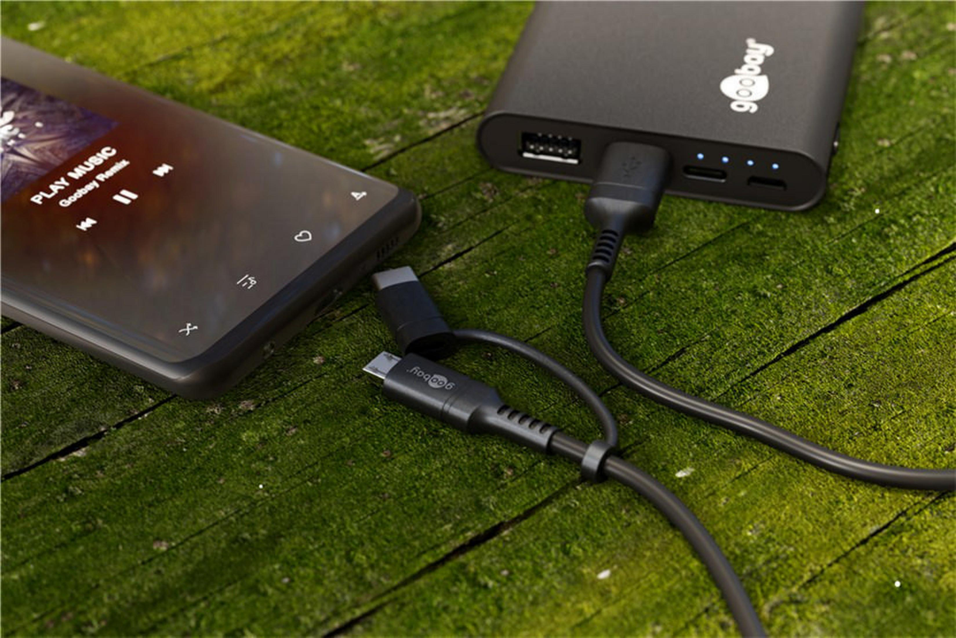 Uno smartphone e un power bank collegati da cavi, appoggiati sul muschio.