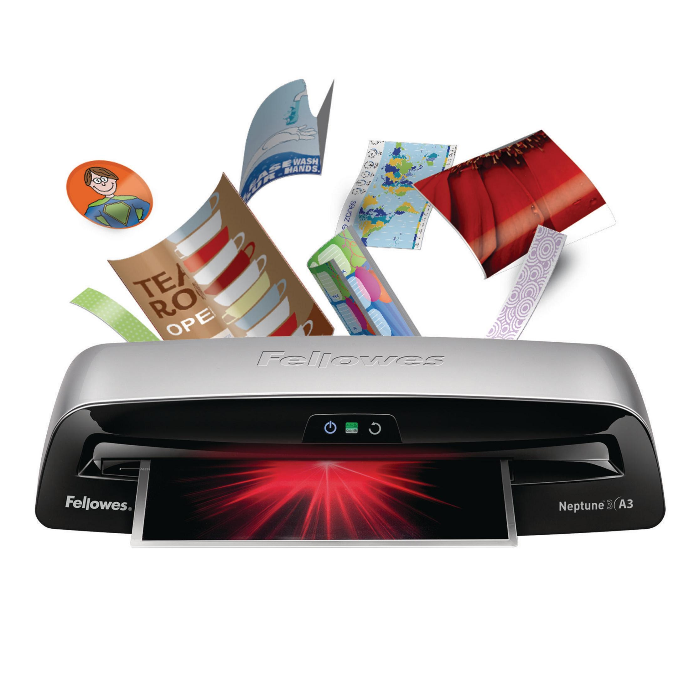 Fellowes laminator with various items being fed in.