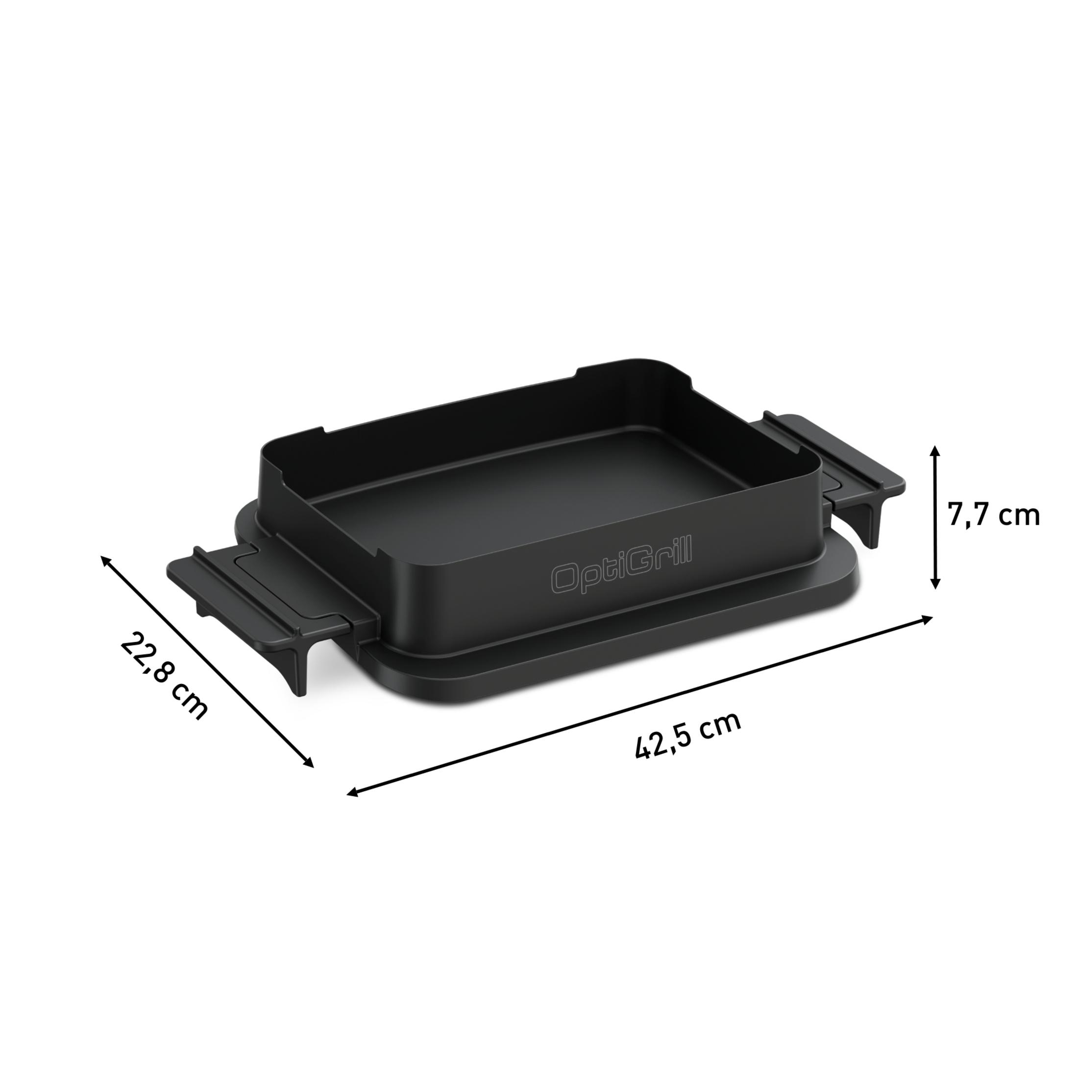 Schwarze OptiGrill-Pfanne mit Maßen: 42,5 cm L, 22,8 cm B, 7,7 cm H.
