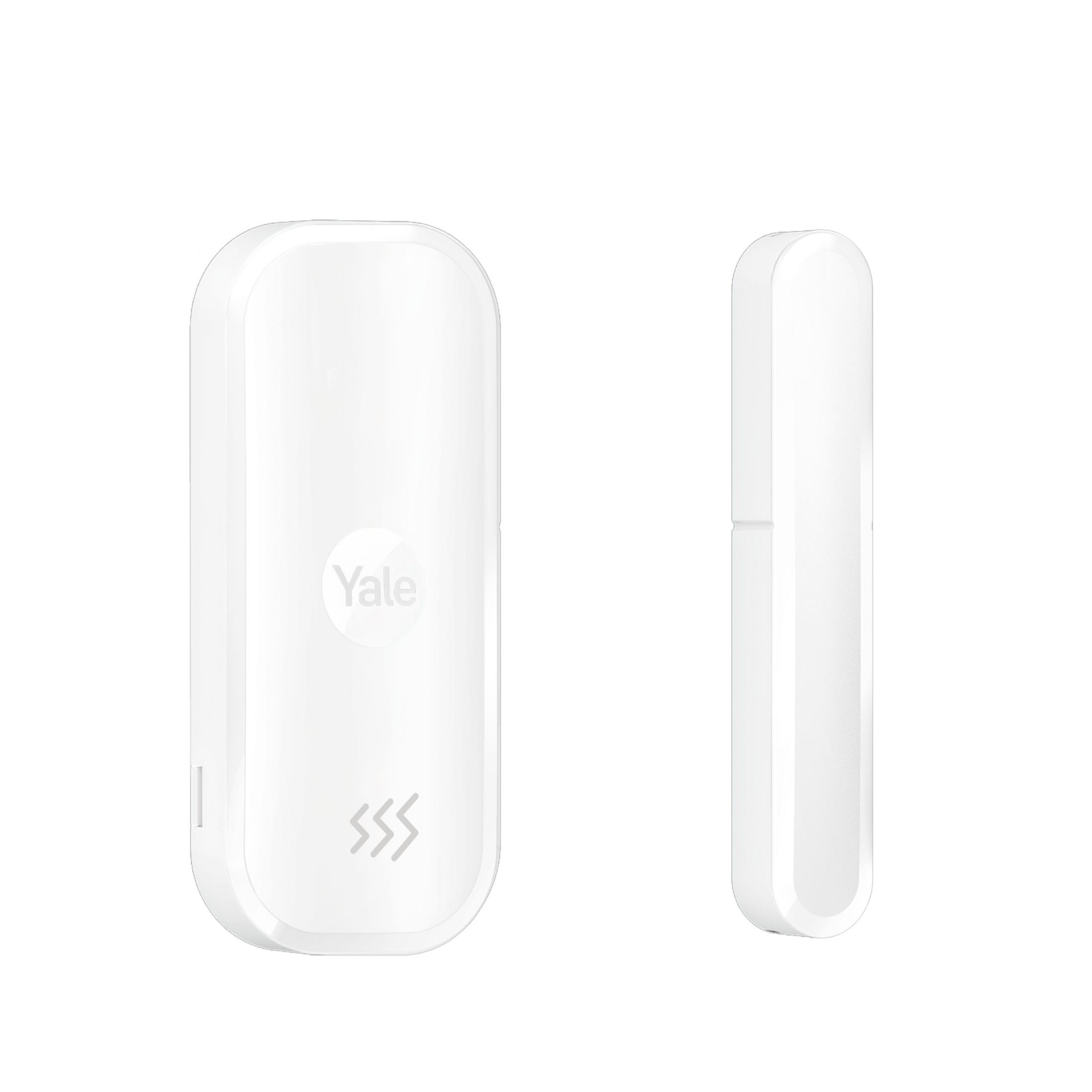 Un dispositivo Yale bianco con simbolo a onda e vista laterale.