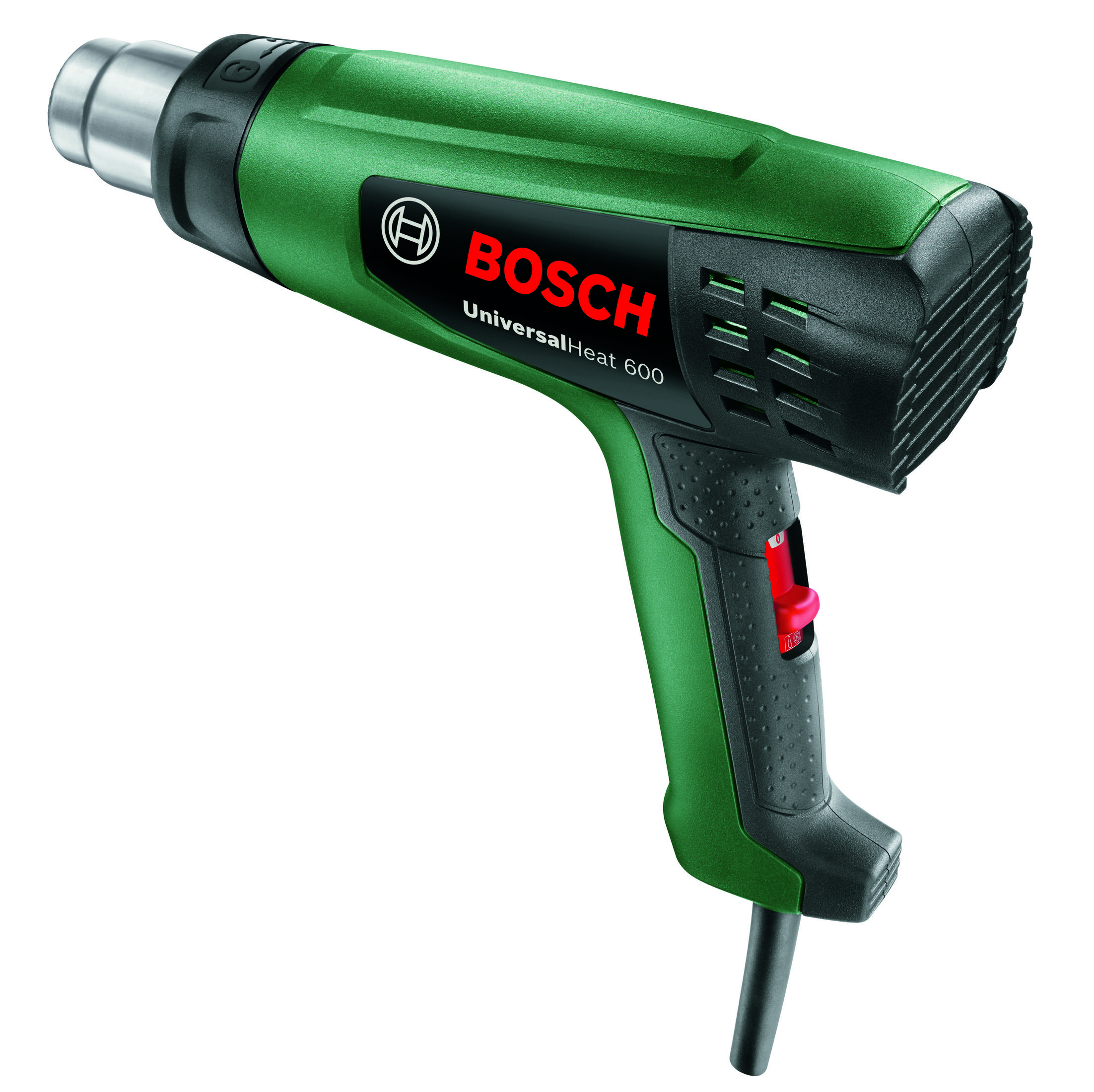 Pistola termica Bosch UniversalHeat 600 verde con impugnatura nera e interruttore rosso.