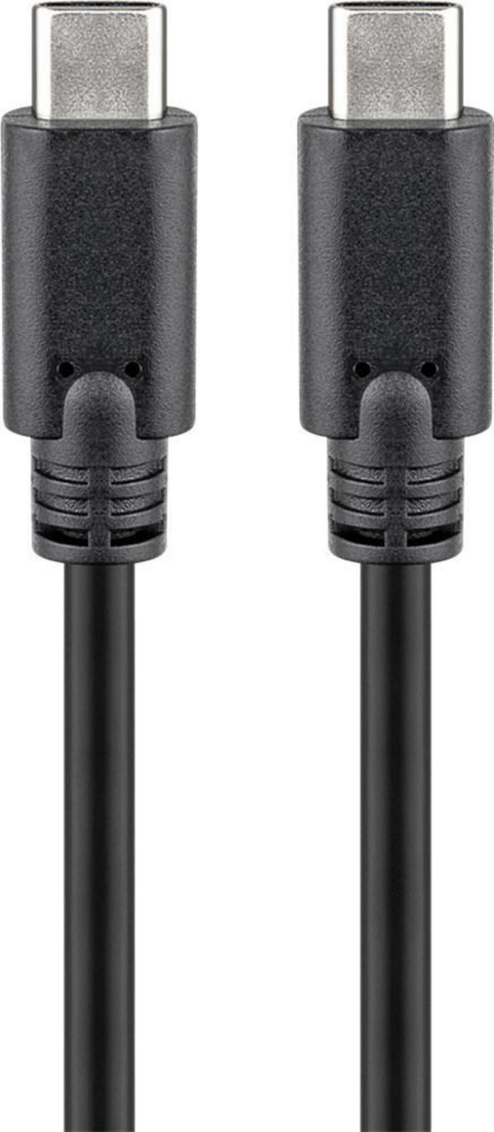 Zwei schwarze USB-C-Kabel mit silbernen Anschlüssen auf weißem Hintergrund.