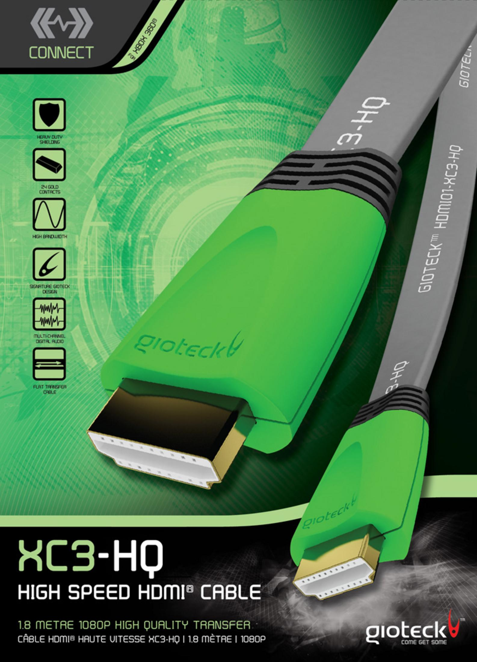Zwei Gioteck HDMI-Kabel mit grünen und grauen Akzenten liegen nebeneinander.