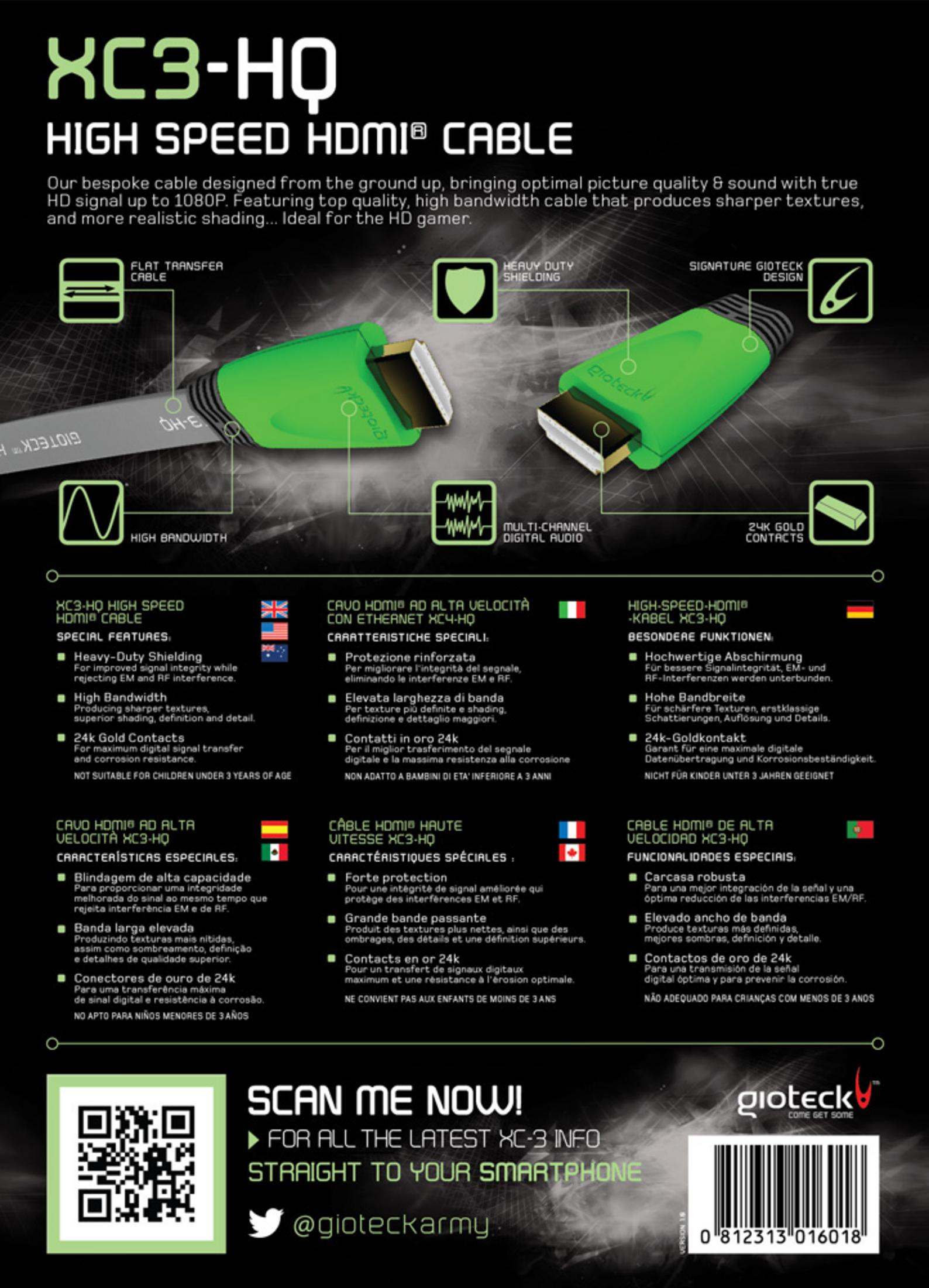 Grünes HDMI-Kabel mit Gioteck-Logo, 24K-Kontakten und QR-Code.
