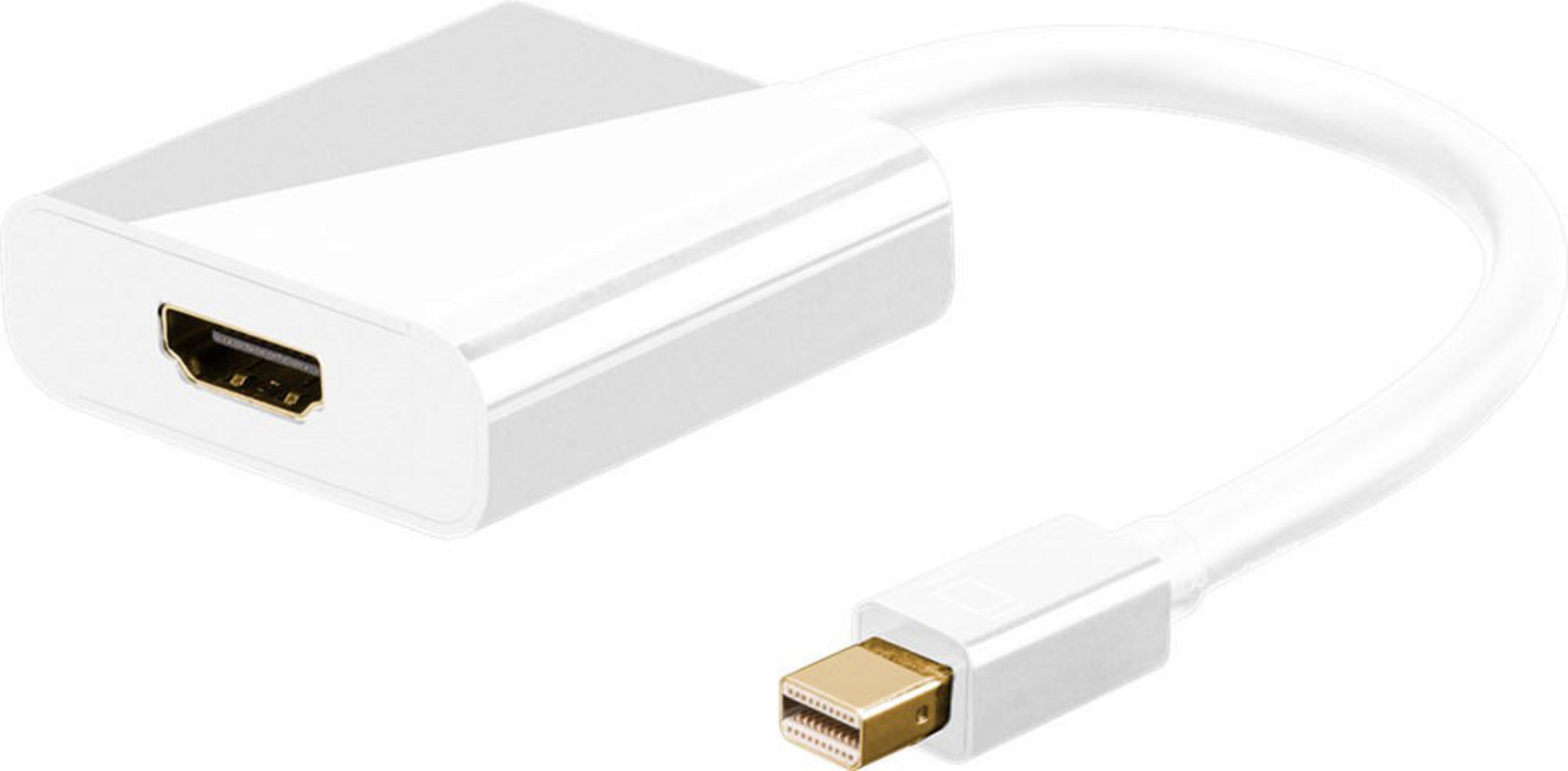Un cavo adattatore da Mini DisplayPort a HDMI bianco.