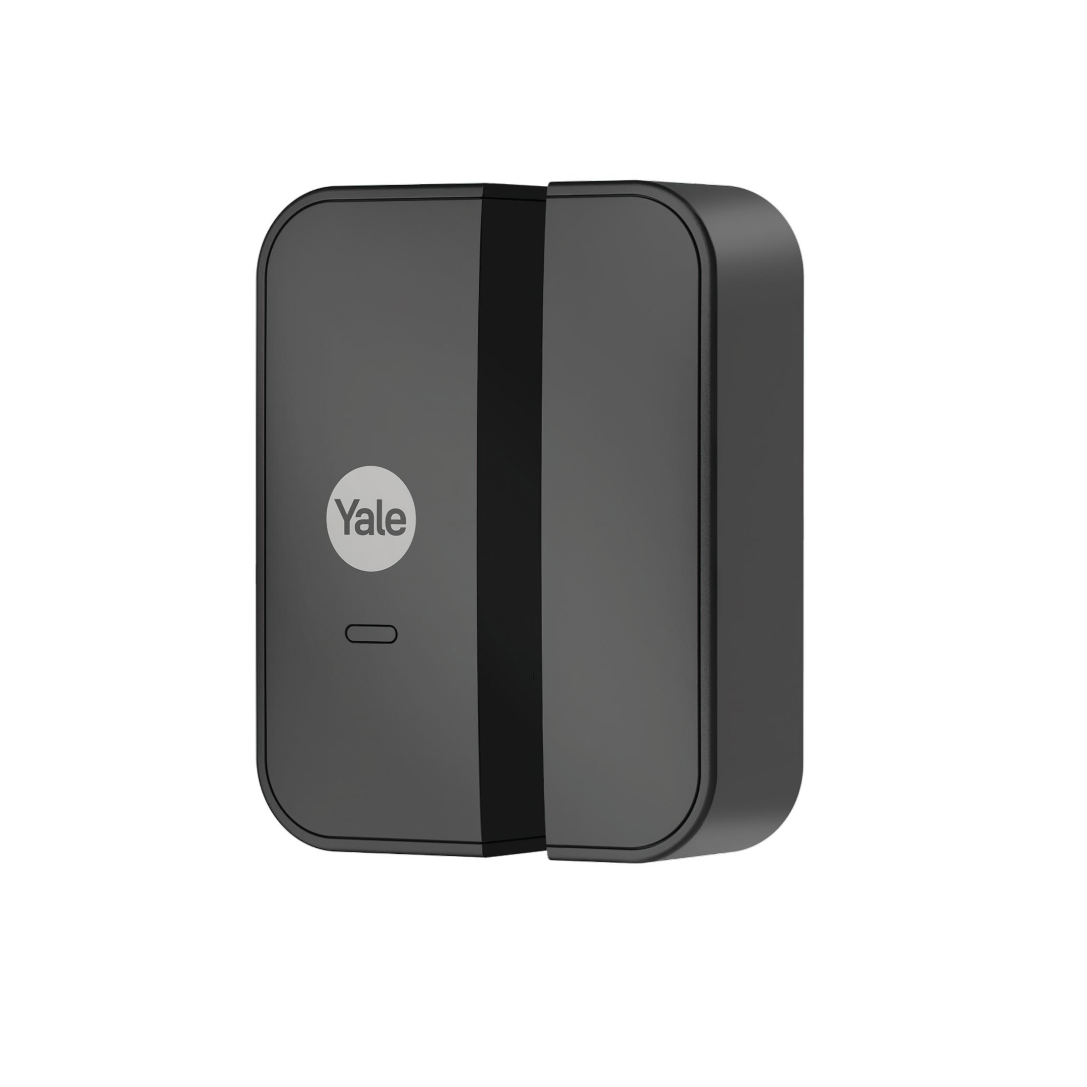 Un dispositivo Yale nero con logo bianco ovale e una piccola linea orizzontale.