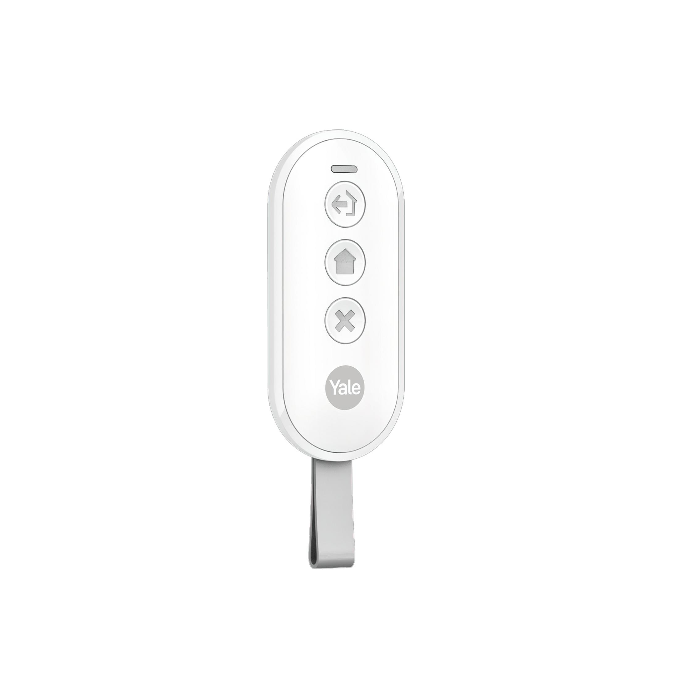 Mando Yale blanco con tres botones grises: flecha atrás, casa y X. Clip plateado abajo.
