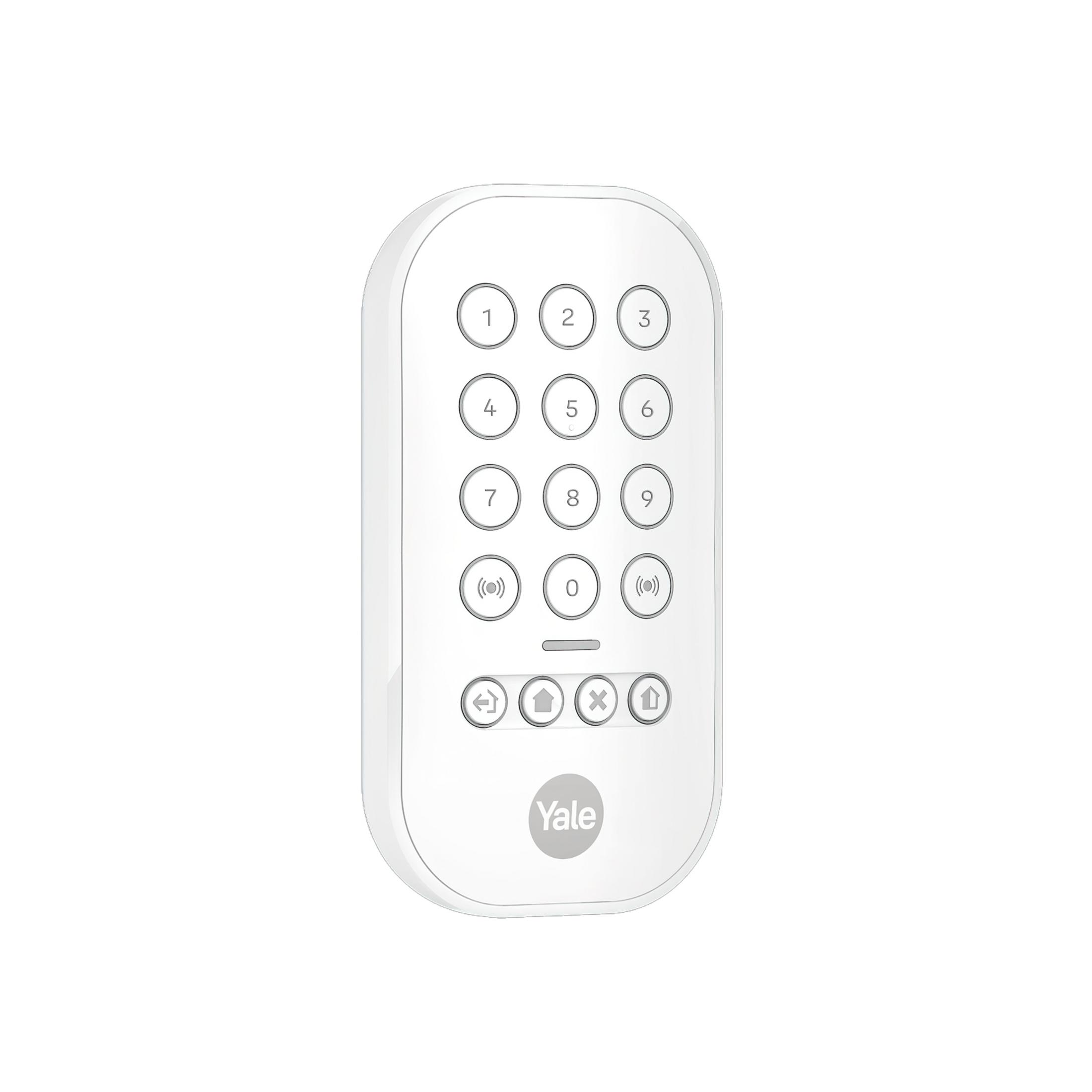 Un telecomando Yale bianco con pulsanti numerici e icone.