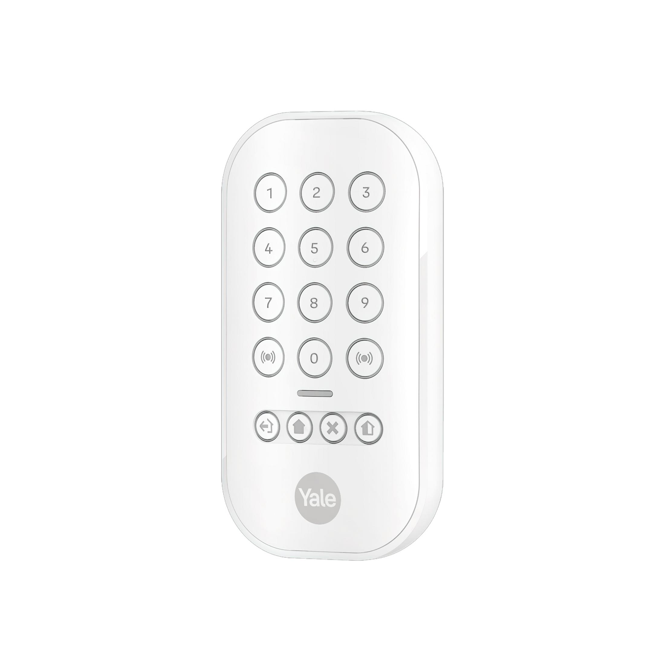 Un telecomando Yale bianco con tasti numerici e icone.