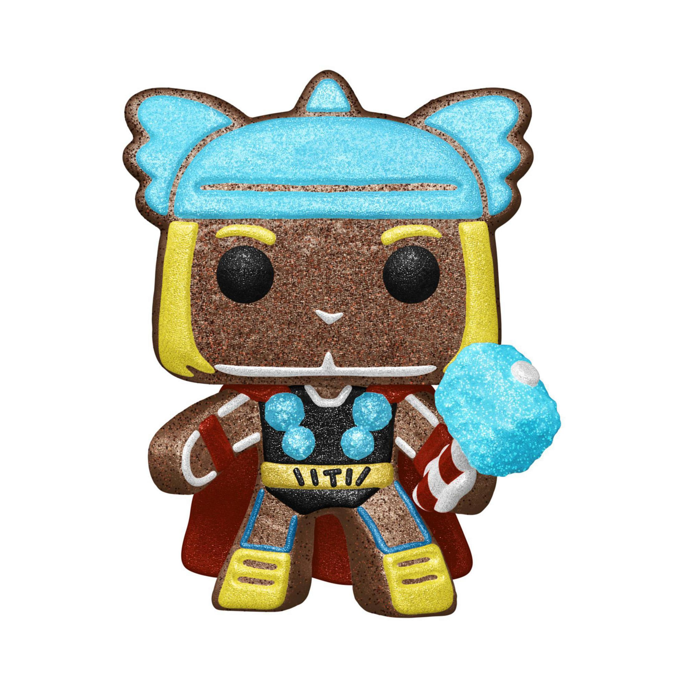 Un biscotto a forma di Thor con elmo blu, mantello rosso e martello.