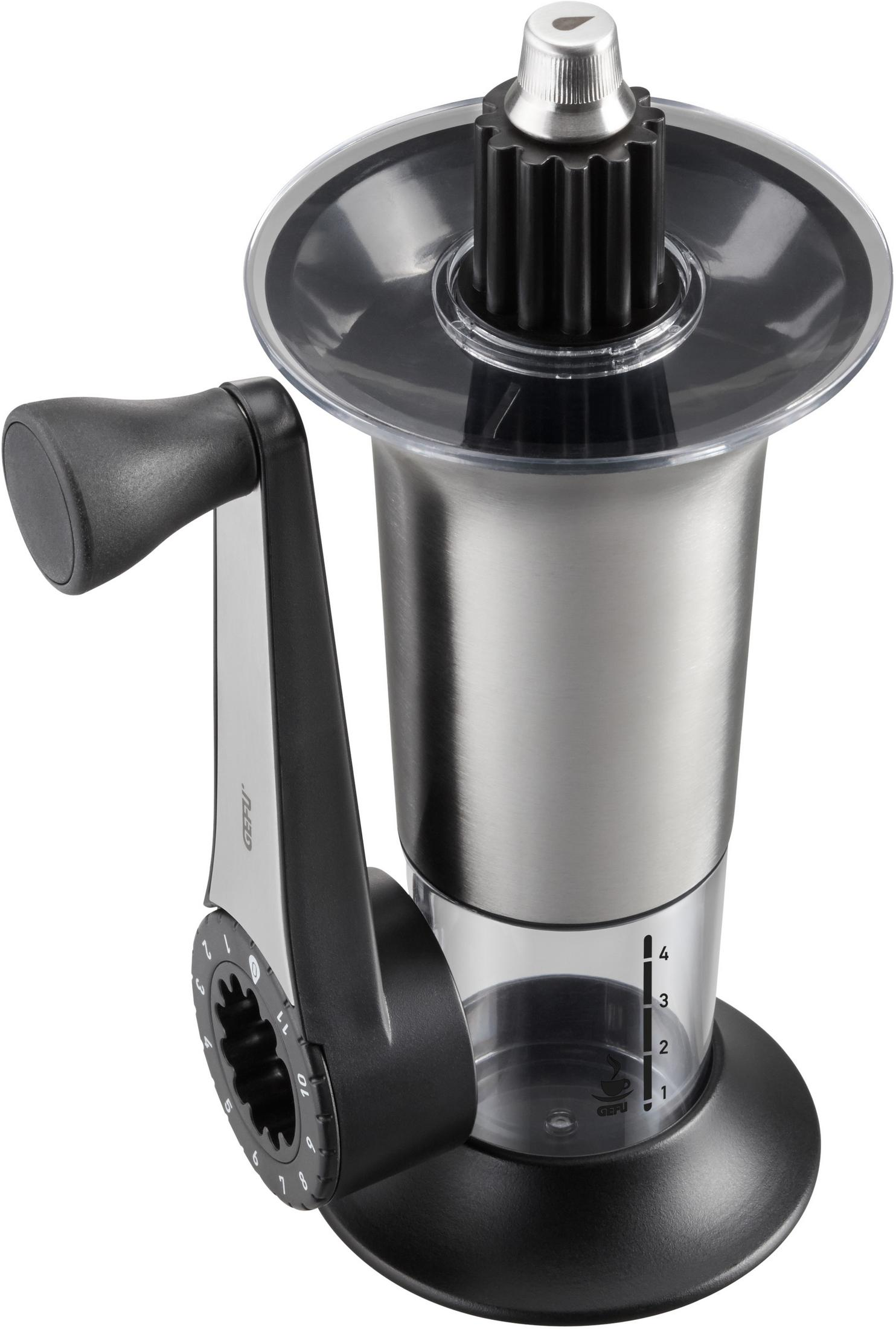 Edelstahl-Kaffeemühle mit schwarzem Griff und transparentem Behälter mit Markierungen.