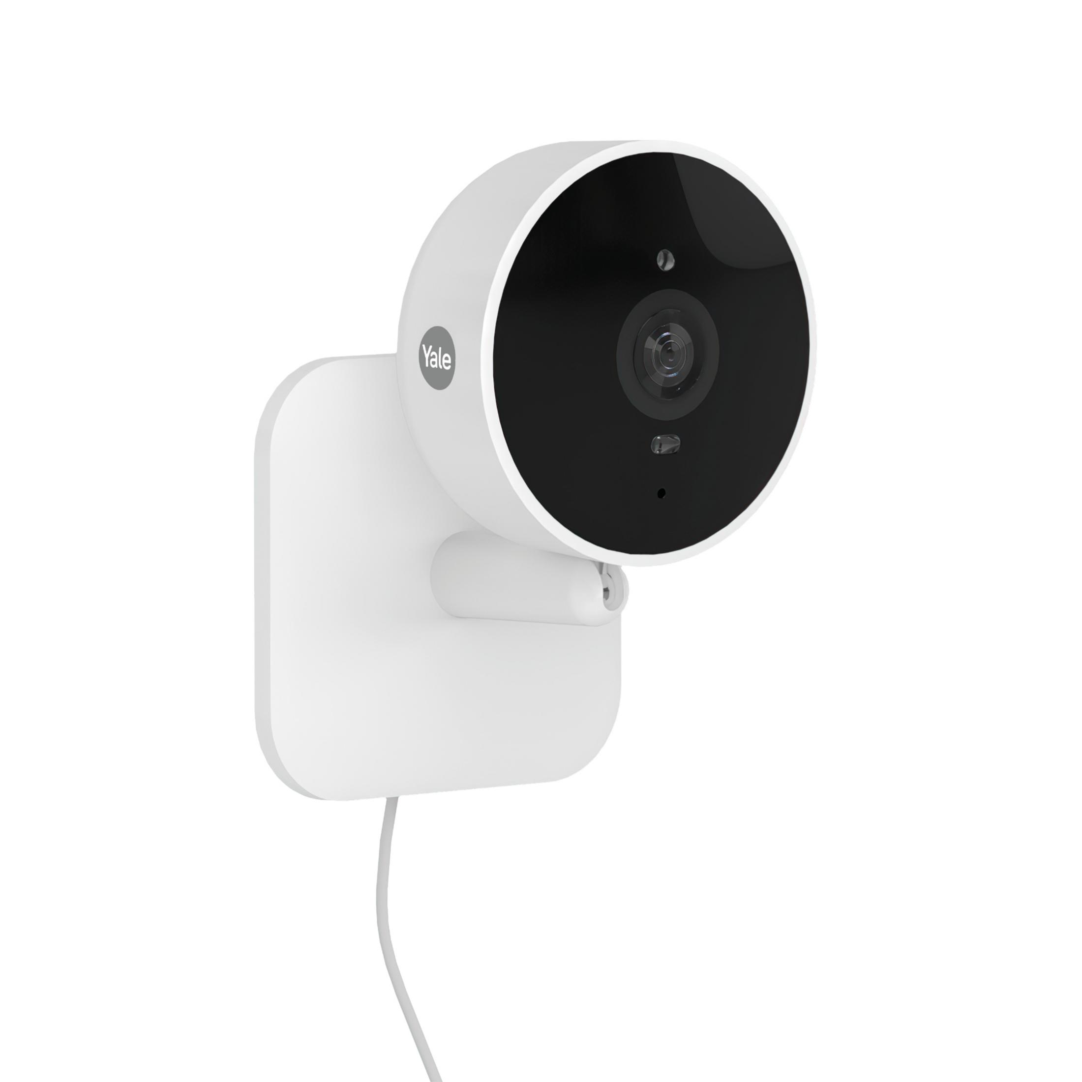 Telecamera di sicurezza Yale bianca con lente nera e cavo.