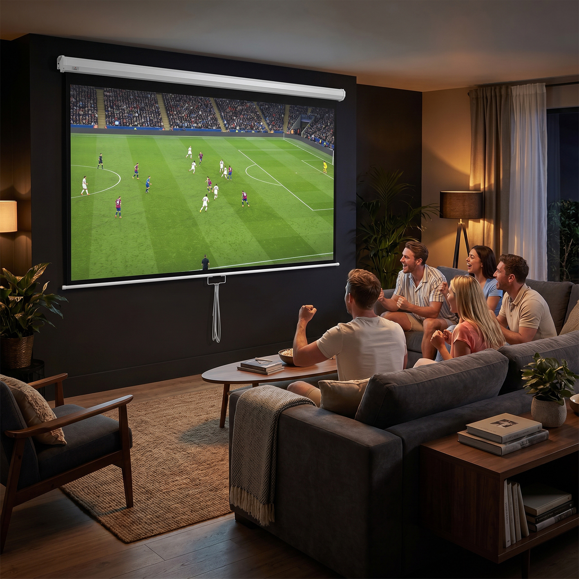 Amigos ven f&uacute;tbol en pantalla grande en habitaci&oacute;n oscura.