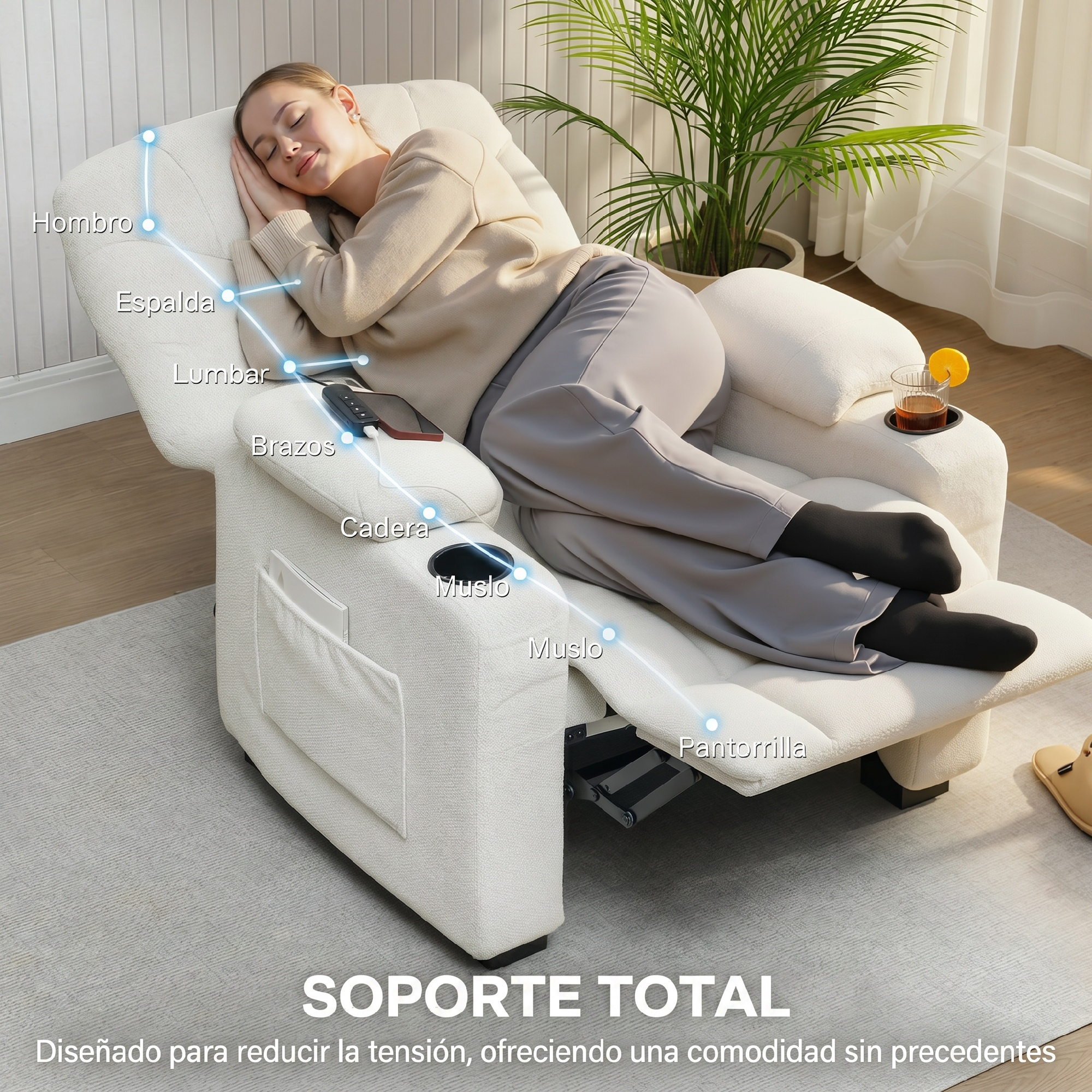 Una mujer duerme en un sillón reclinable blanco con partes del cuerpo resaltadas.