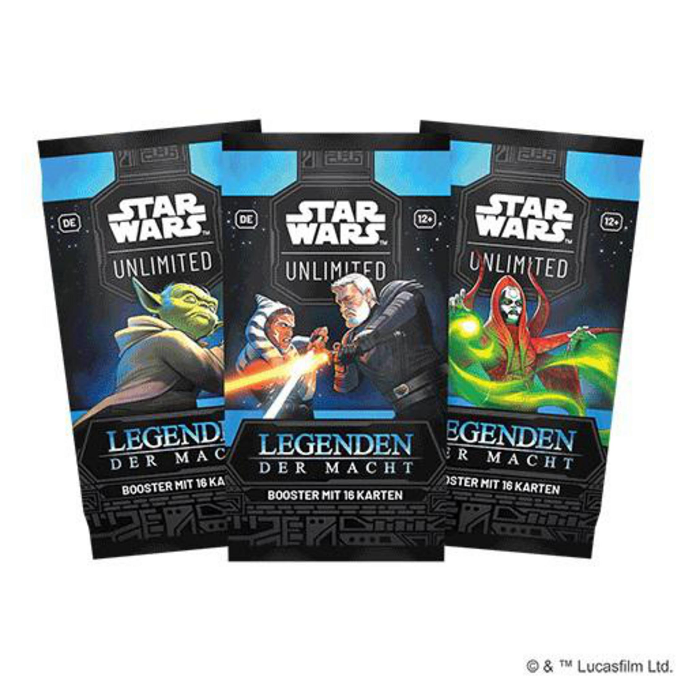 Drei Star Wars: Unlimited Sammelkarten-Boosterpacks mit Yoda, Ahsoka/Anakin und einem Sith-Lord.