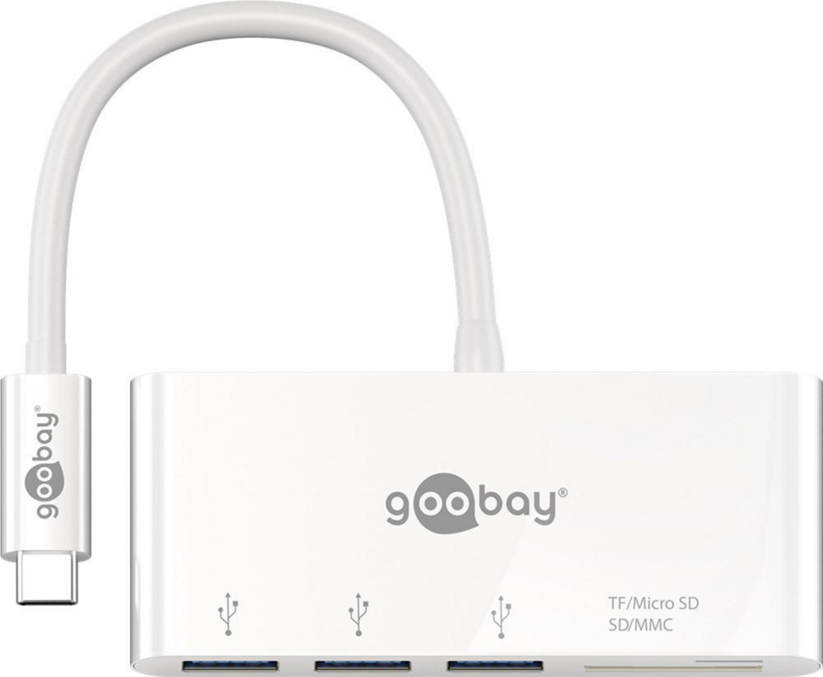 Un hub USB-C Goobay bianco con tre porte USB-A e un lettore di schede SD/TF.