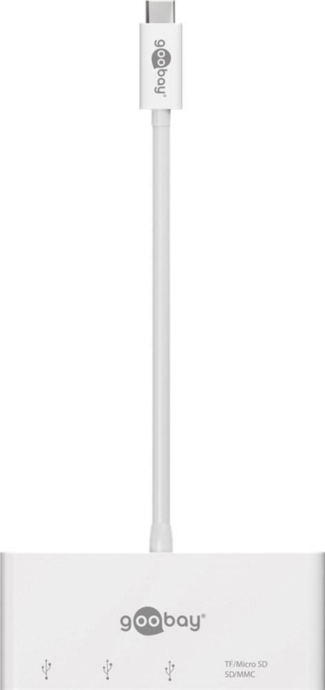 Un hub USB-C bianco con tre porte USB e uno slot per schede SD.