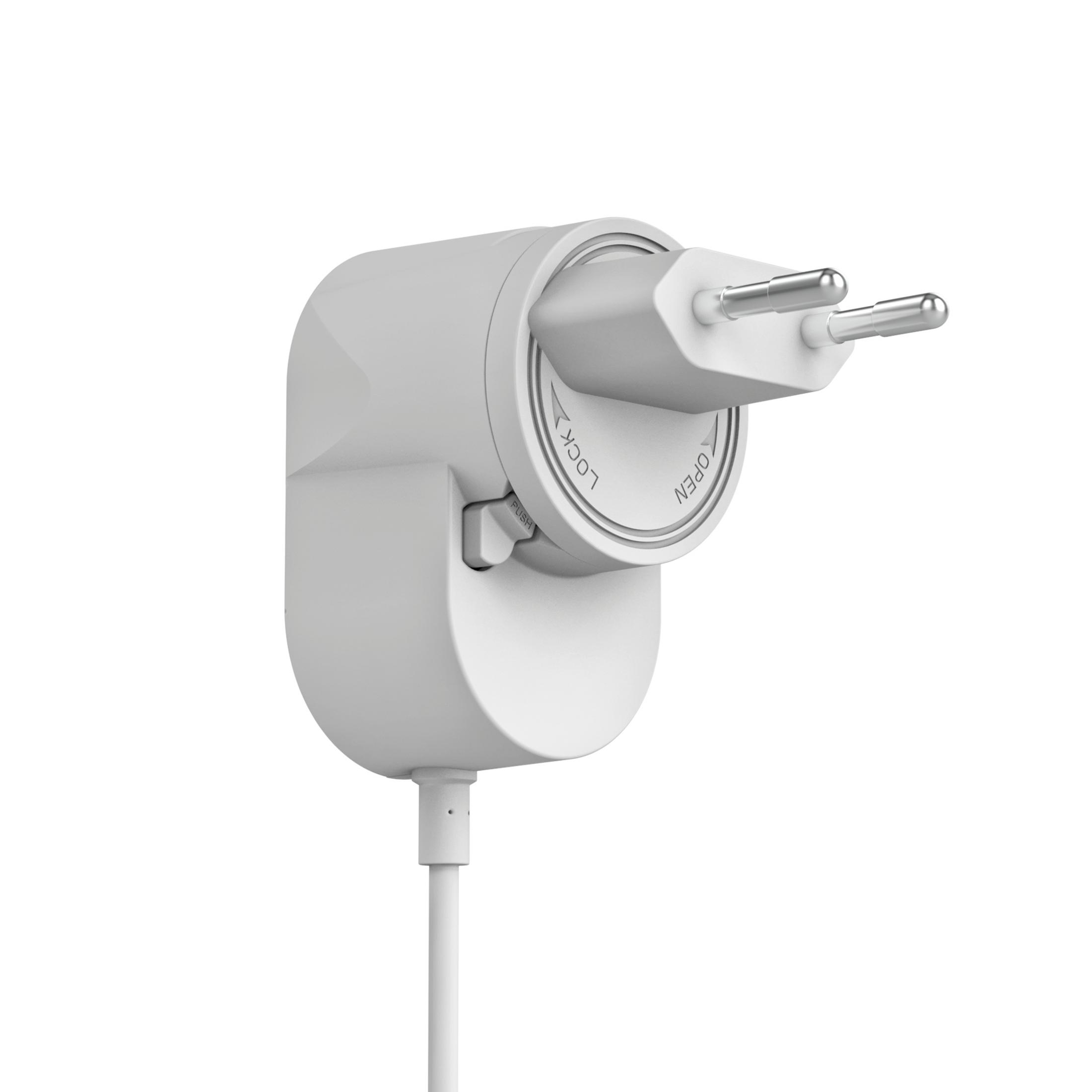 Un adaptador de viaje blanco con clavijas plegables y un mando giratorio.
