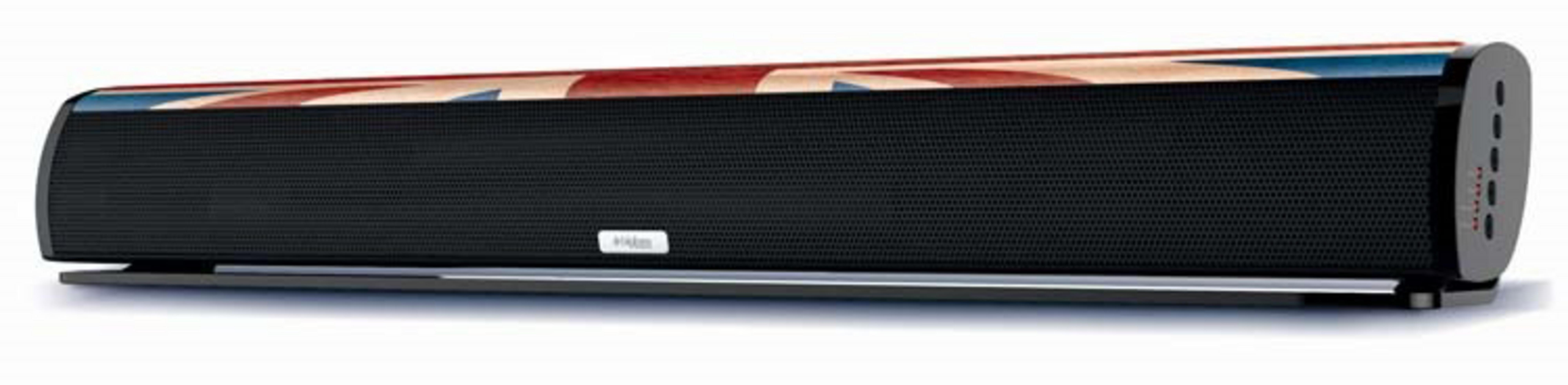 Soundbar nera con motivo Union Jack e base argentata.