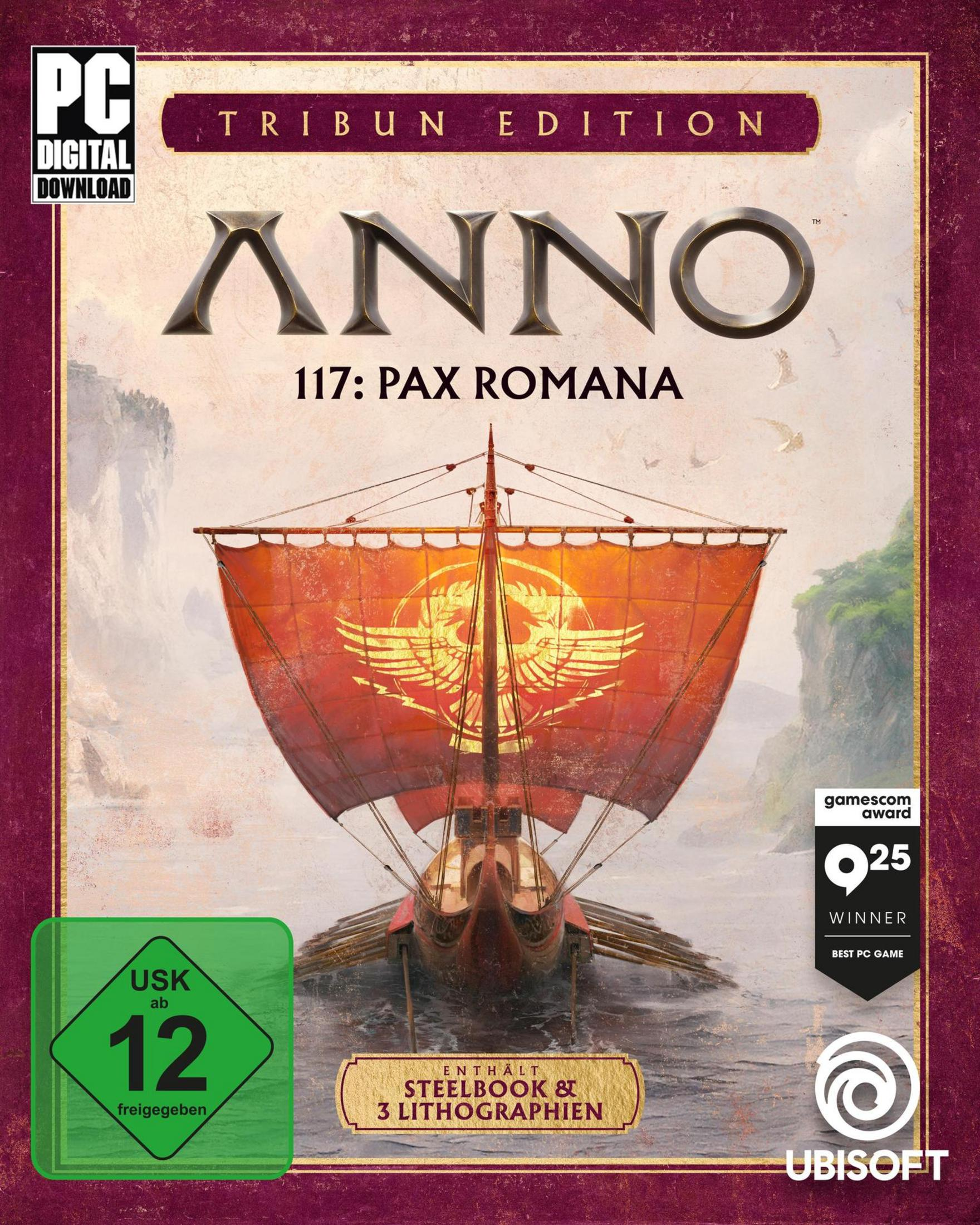PC Spiel "Anno 117: Pax Romana" mit Tribu Edition, Antikschiff und USK 12 Siegel.