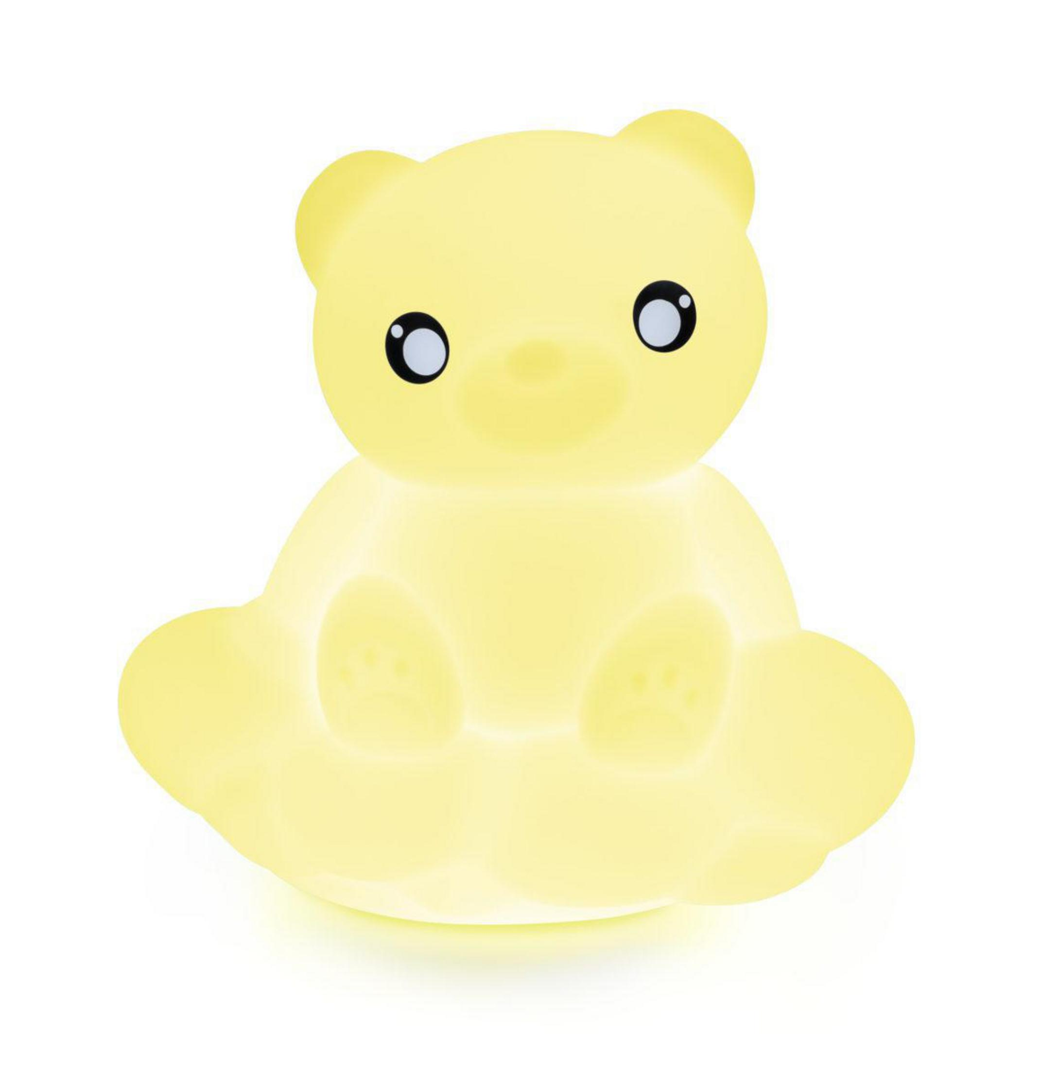 Un ours en peluche en silicone jaune lumineux avec des yeux noirs.