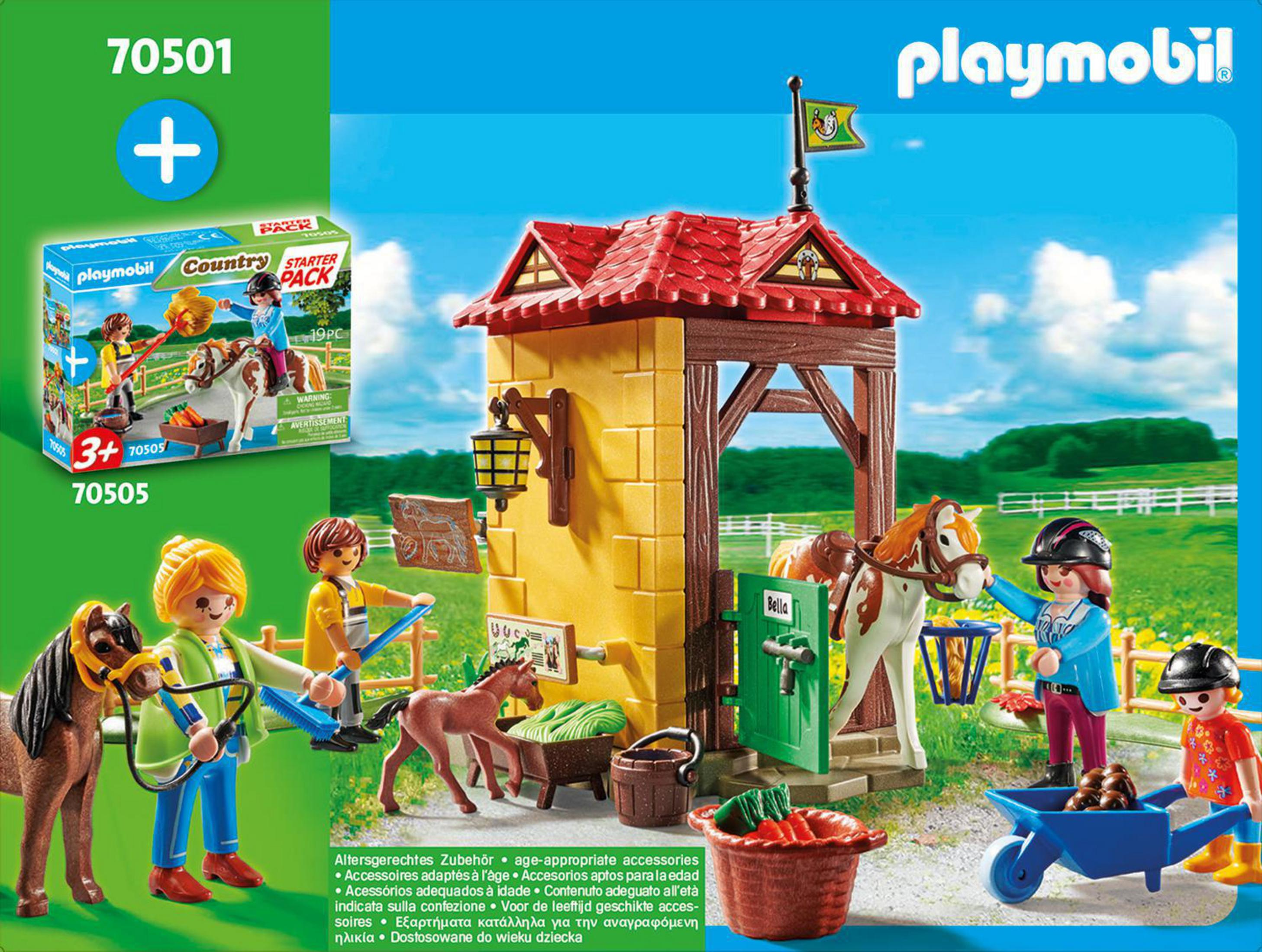 Set d'écurie Playmobil avec figurines, chevaux et accessoires.