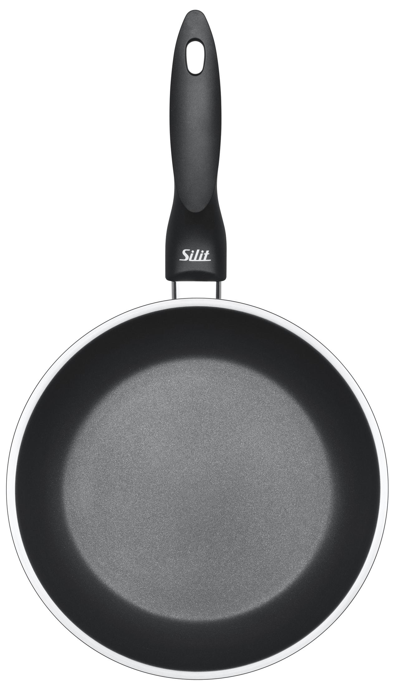 Eine schwarze Bratpfanne mit silbernem Rand und einem schwarzen Griff mit dem Silit-Logo.