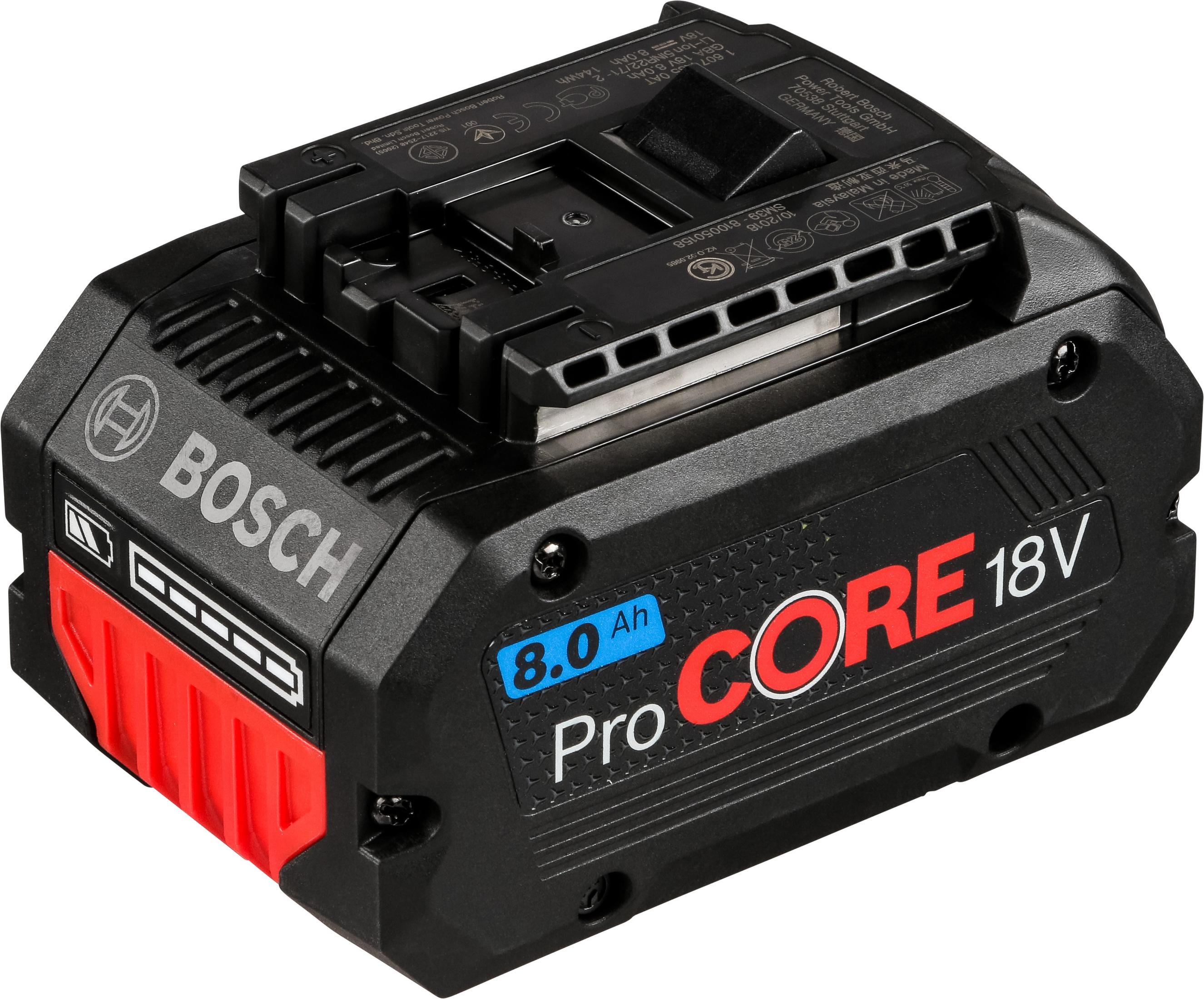 Schwarzer Bosch ProCORE 18V Akku mit 8.0 Ah Kapazität, auf weißem Hintergrund.
