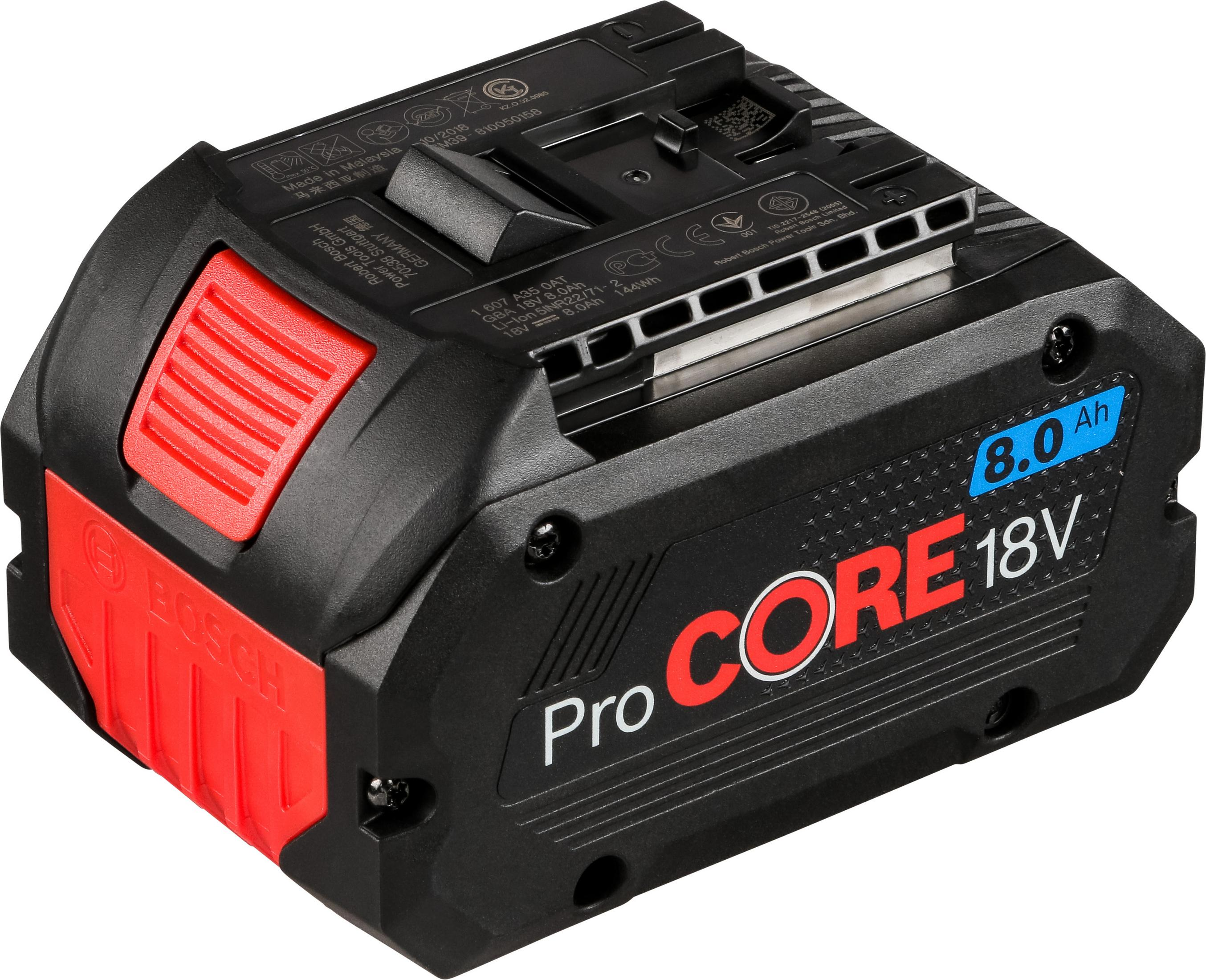 Schwarzer Bosch ProCORE 18V Akku mit rotem Element und 8,0 Ah Angabe.