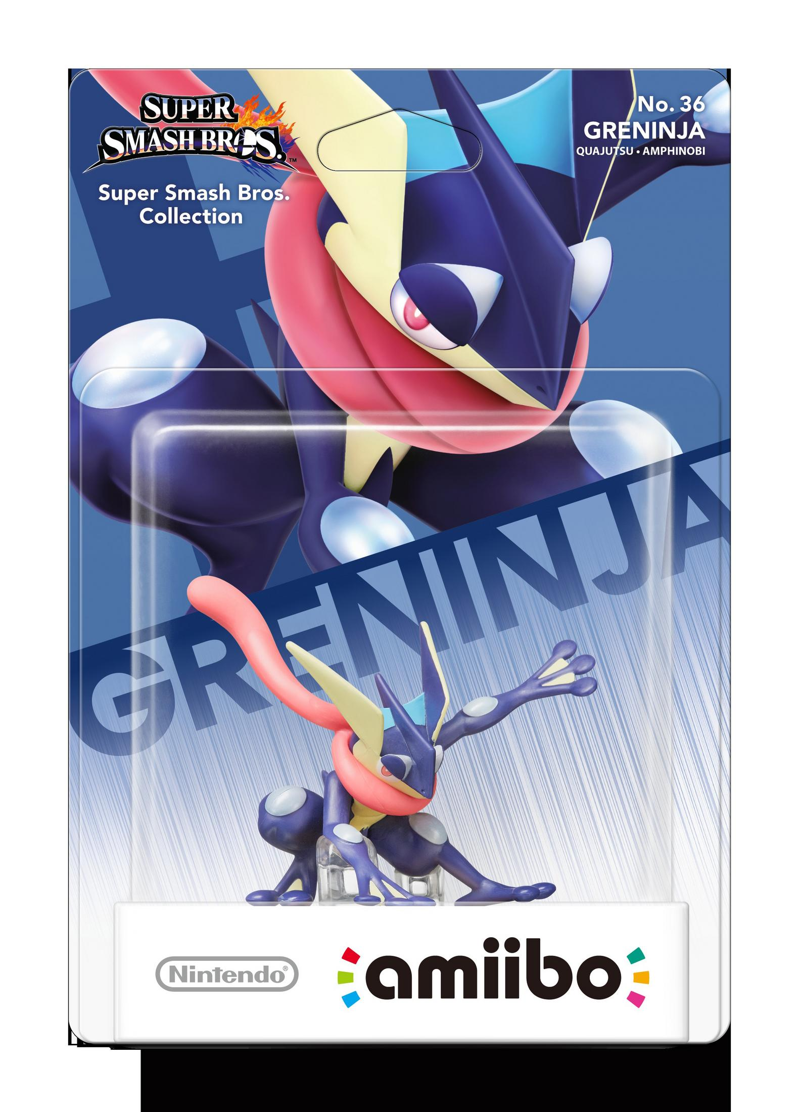Figurine Amiibo Greninja dans un emballage Super Smash Bros. Collection.