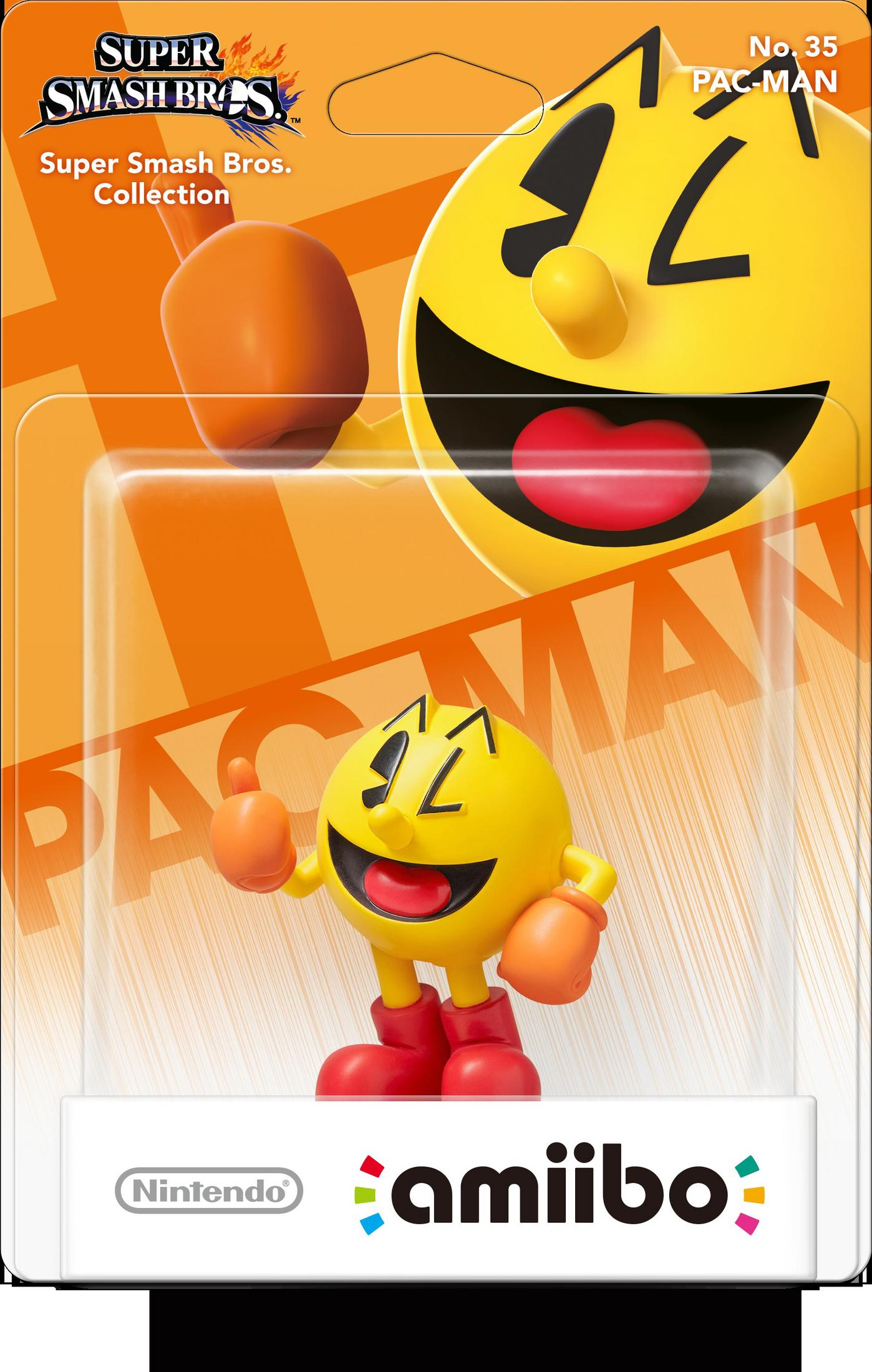 Figurine Amiibo Pac-Man dans emballage Super Smash Bros. fond orange et jaune.