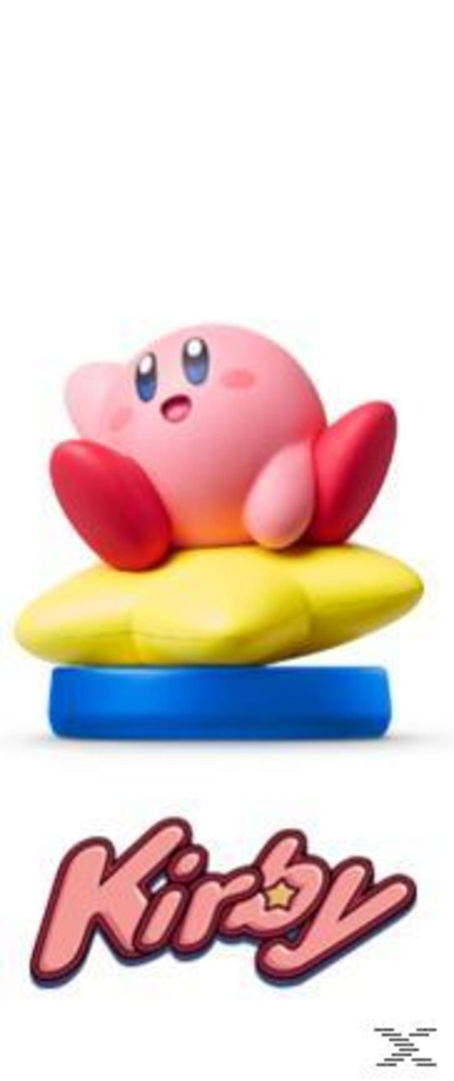 Ein rosa Kirby sitzt auf einem gelben Stern auf einer blauen Plattform.