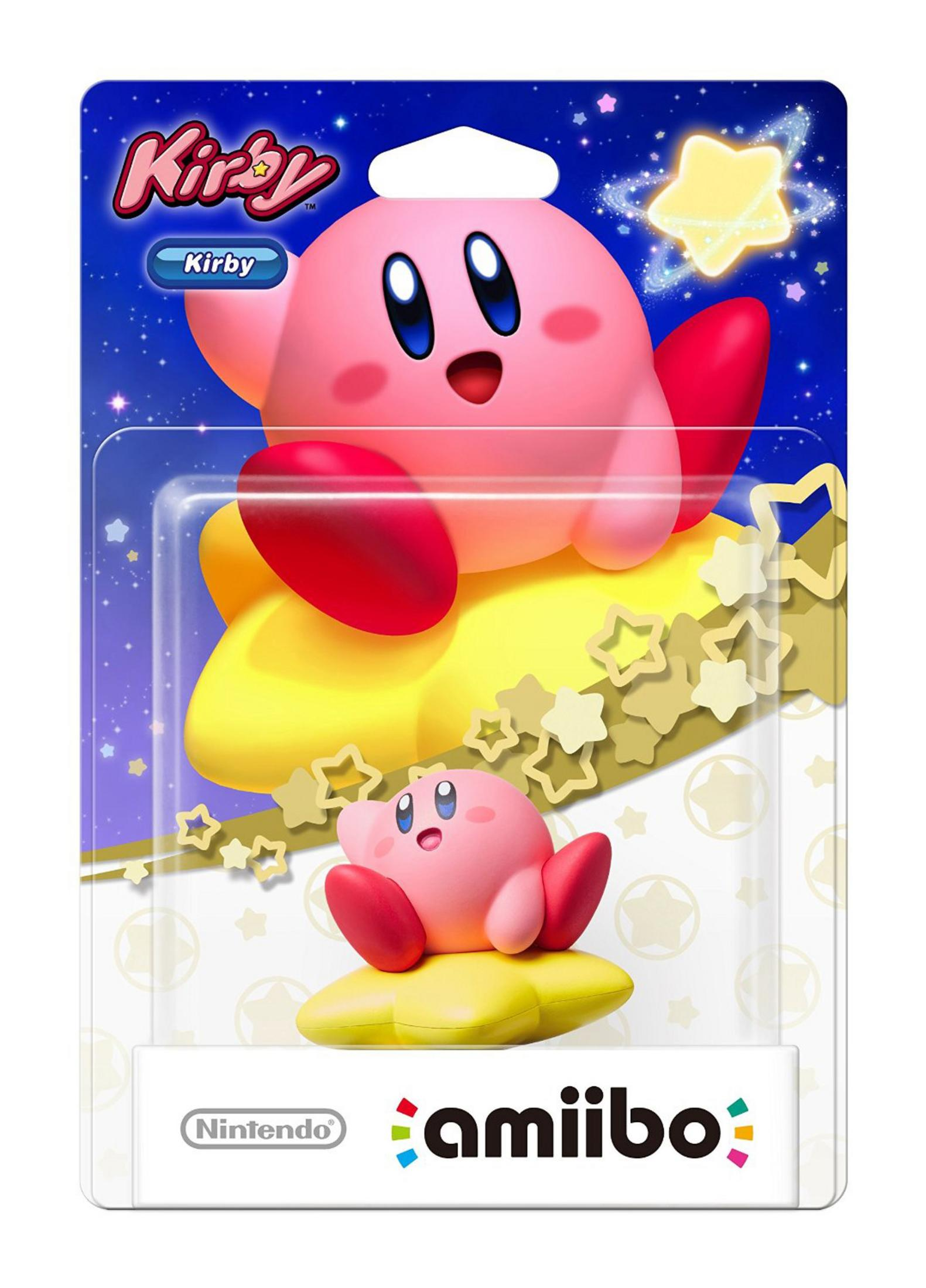 Pinker Kirby auf gelbem Stern, vor Sternenhimmel, Nintendo Amiibo.